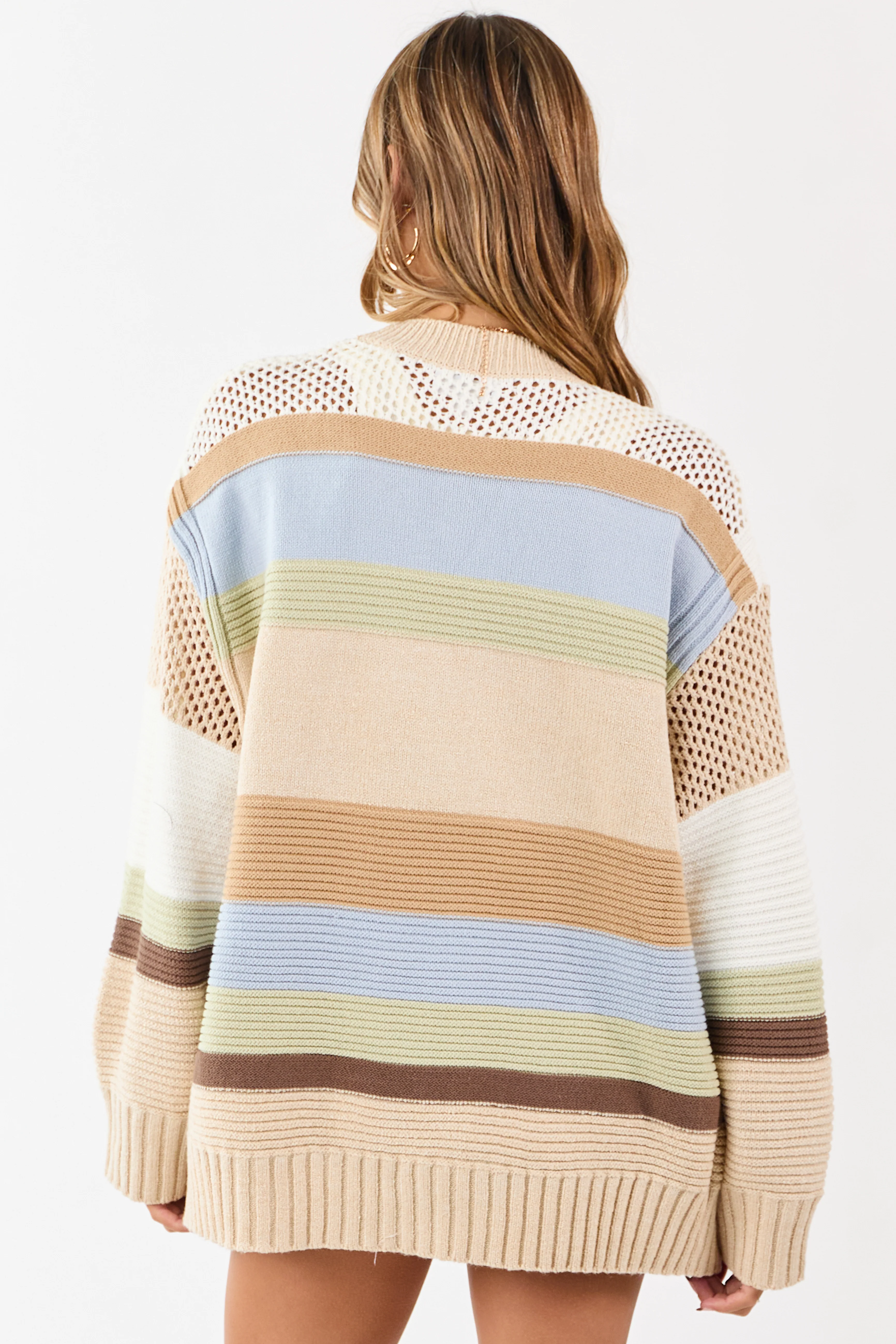 Beige Colorblock Striped Relaxed Open Front Cardigan - Image 5