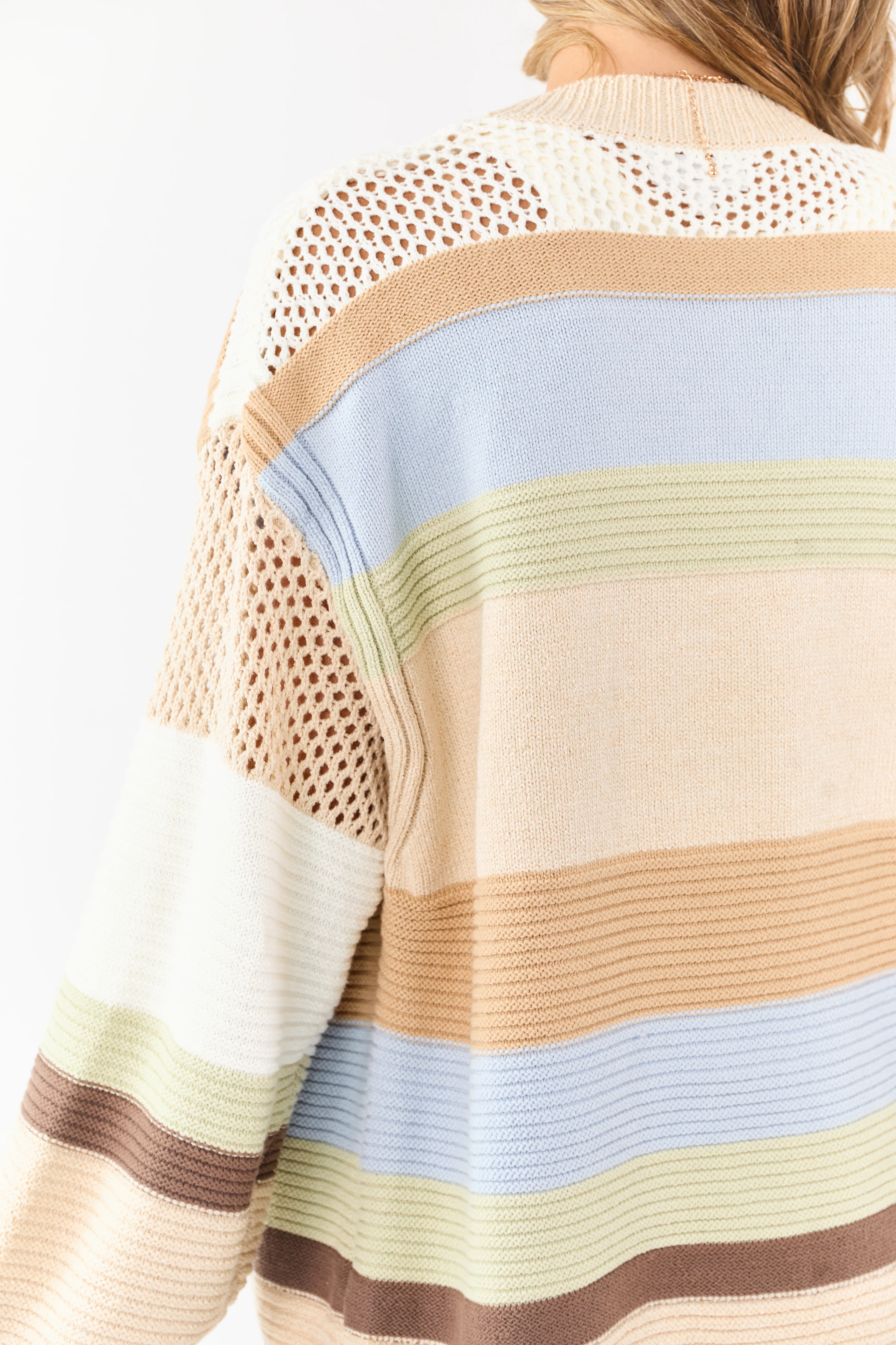 Beige Colorblock Striped Relaxed Open Front Cardigan - Image 6