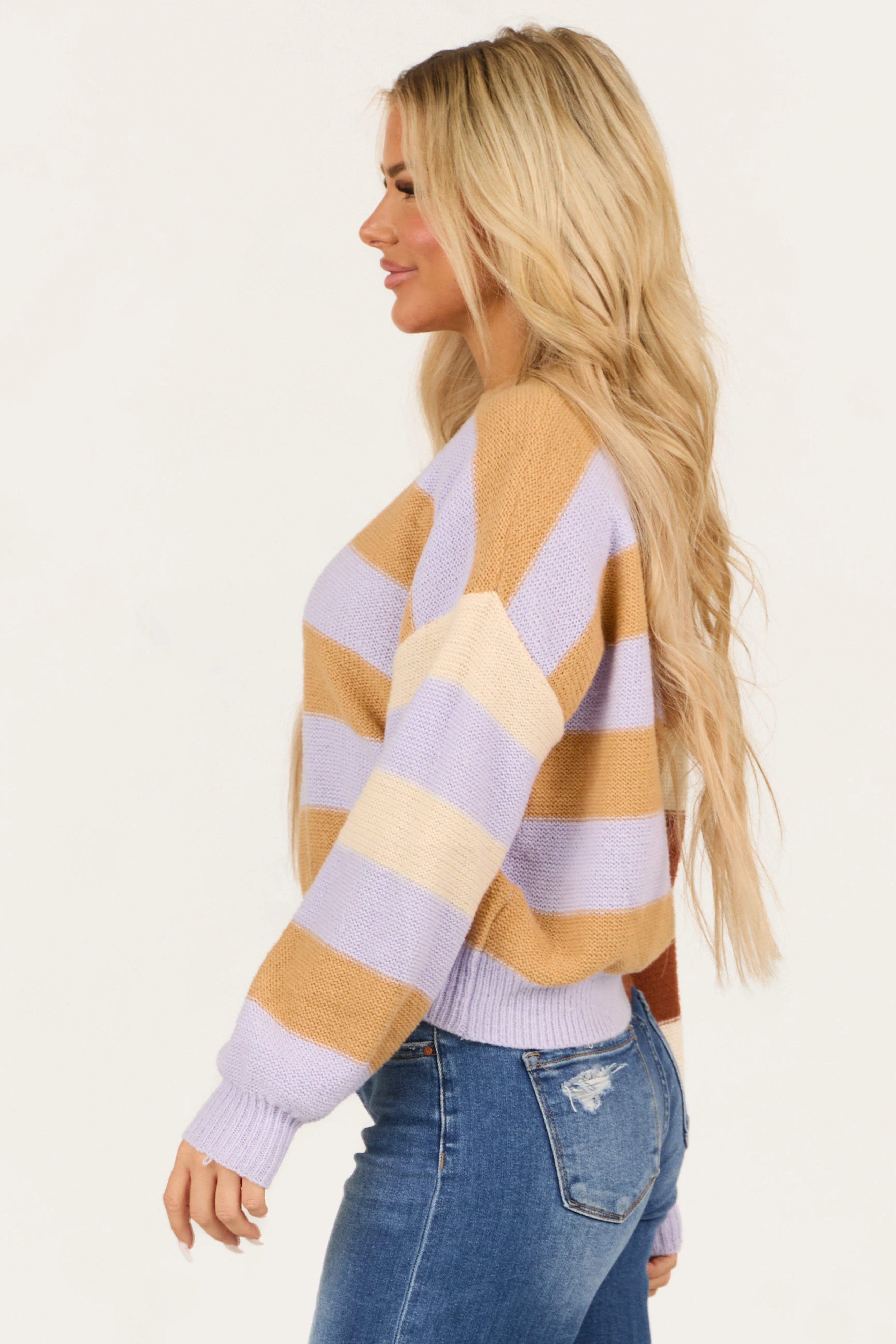 Beige Colorful Stripe Long Sleeve Sweater - Image 4