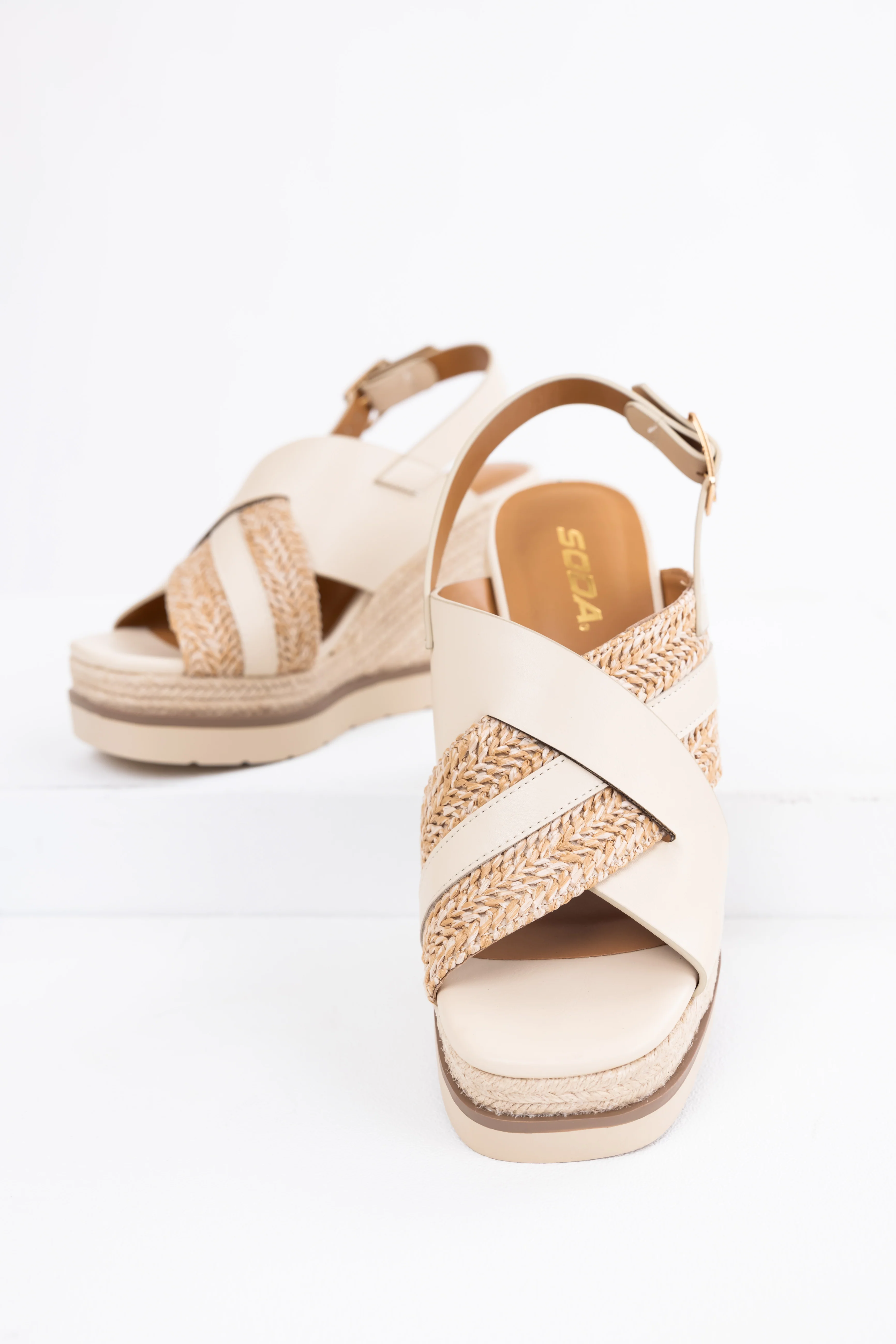 Beige Cross Strap Espadrille Platform Wedges - Image 2