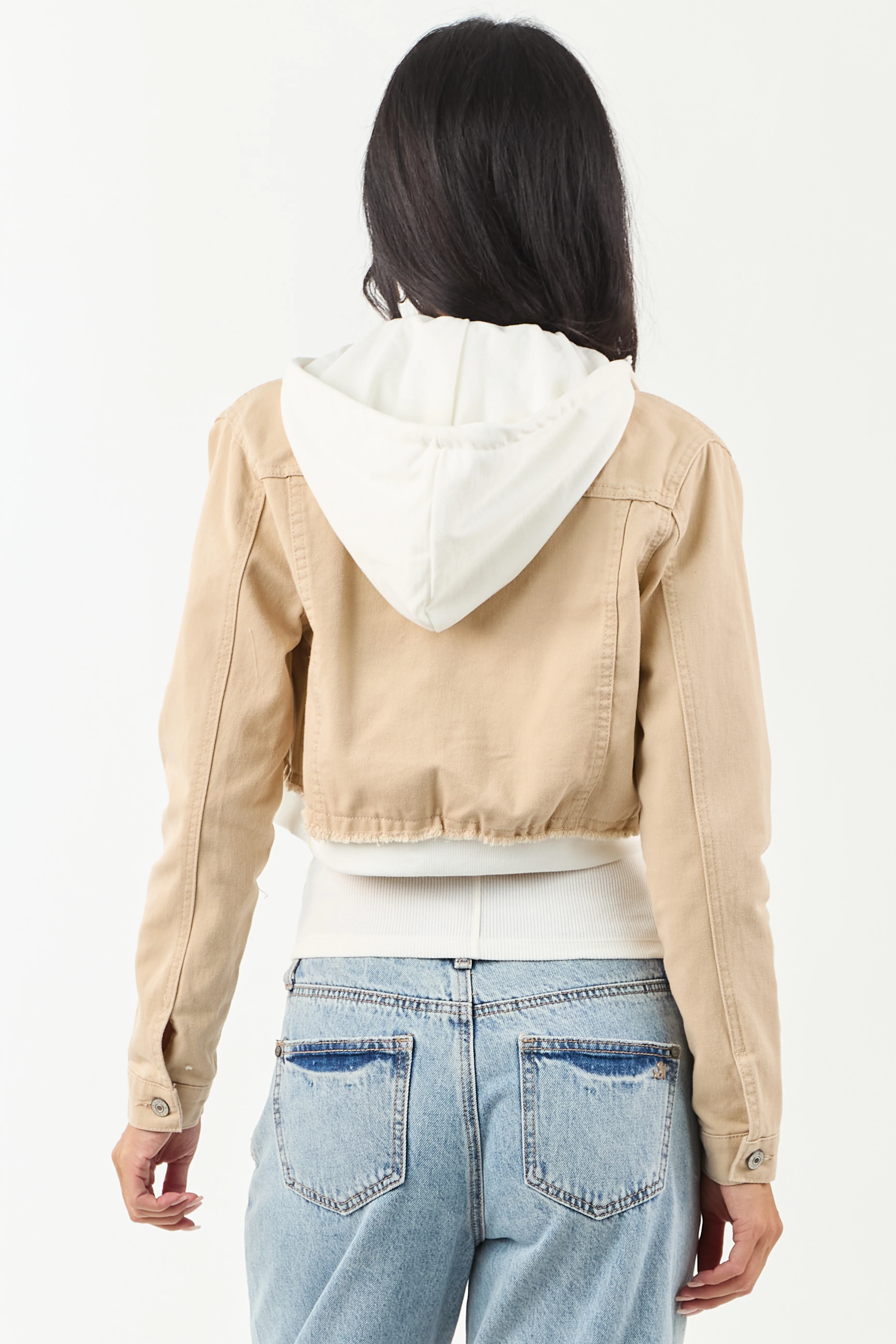 Beige Denim Crop Jacket with Inner Zip Up Hoodie - Image 6