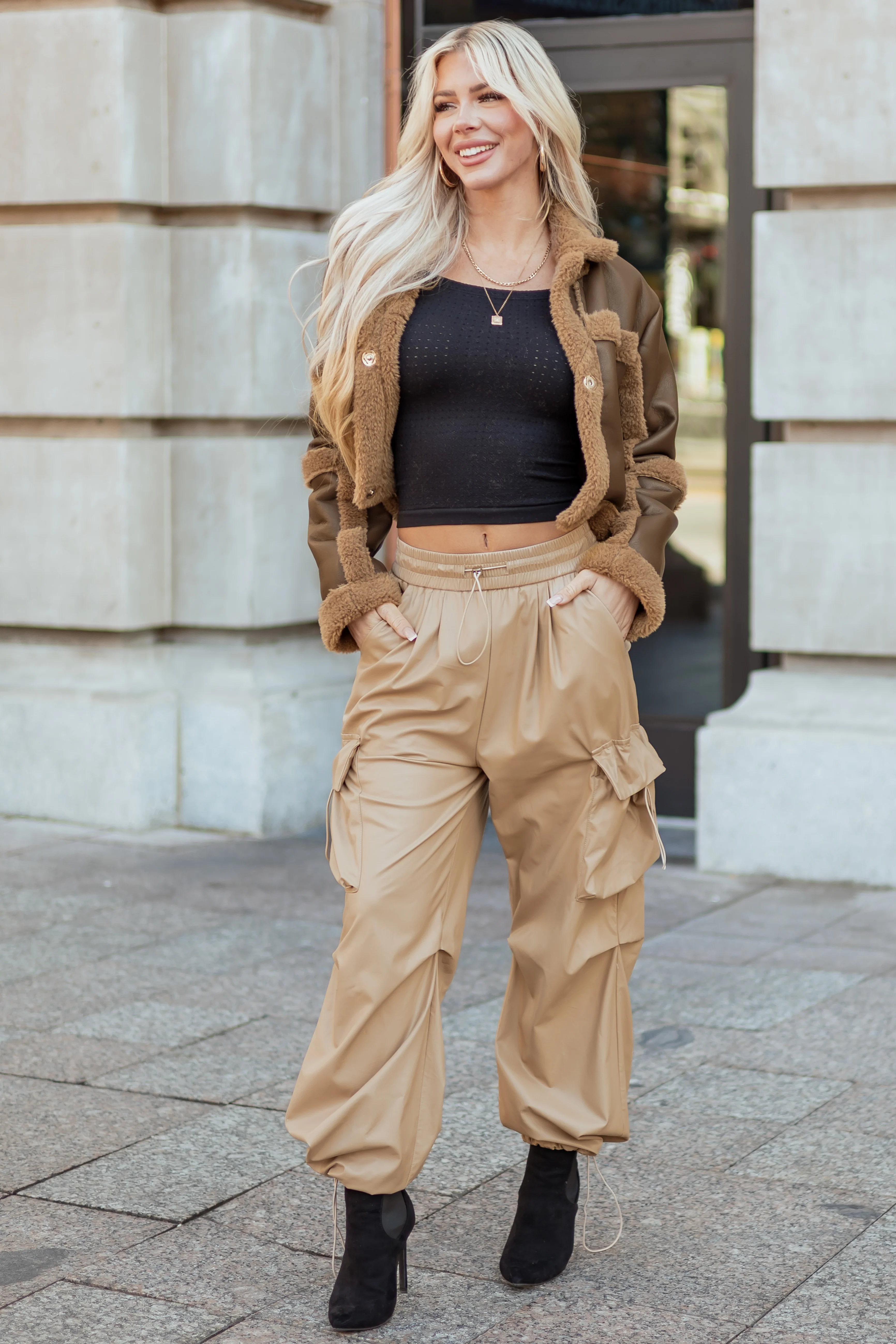 Beige Faux Leather Elastic Waist Cargo Pants - Image 2