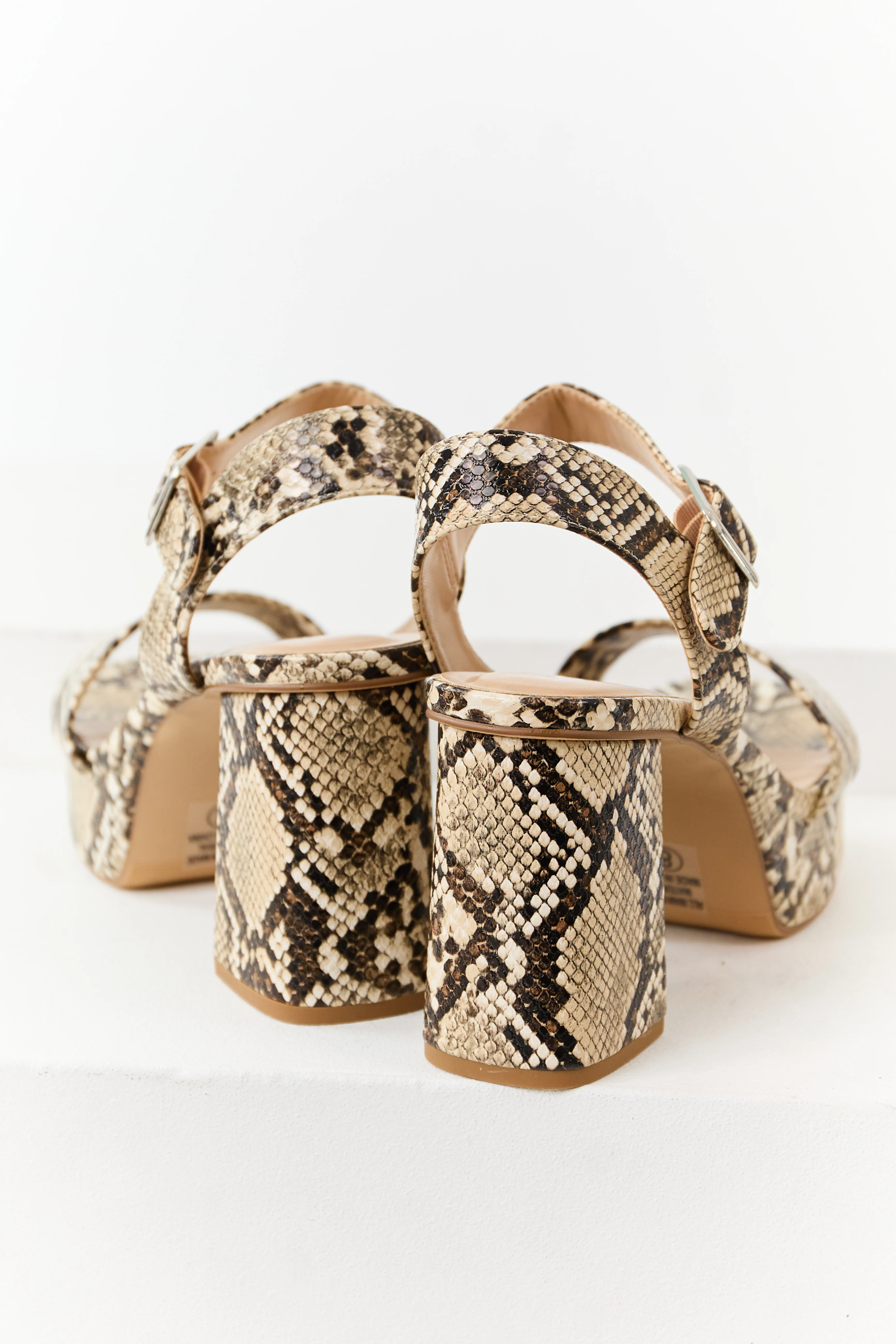 Beige Faux Snakeskin Ankle Strap Platform Heels - Image 3