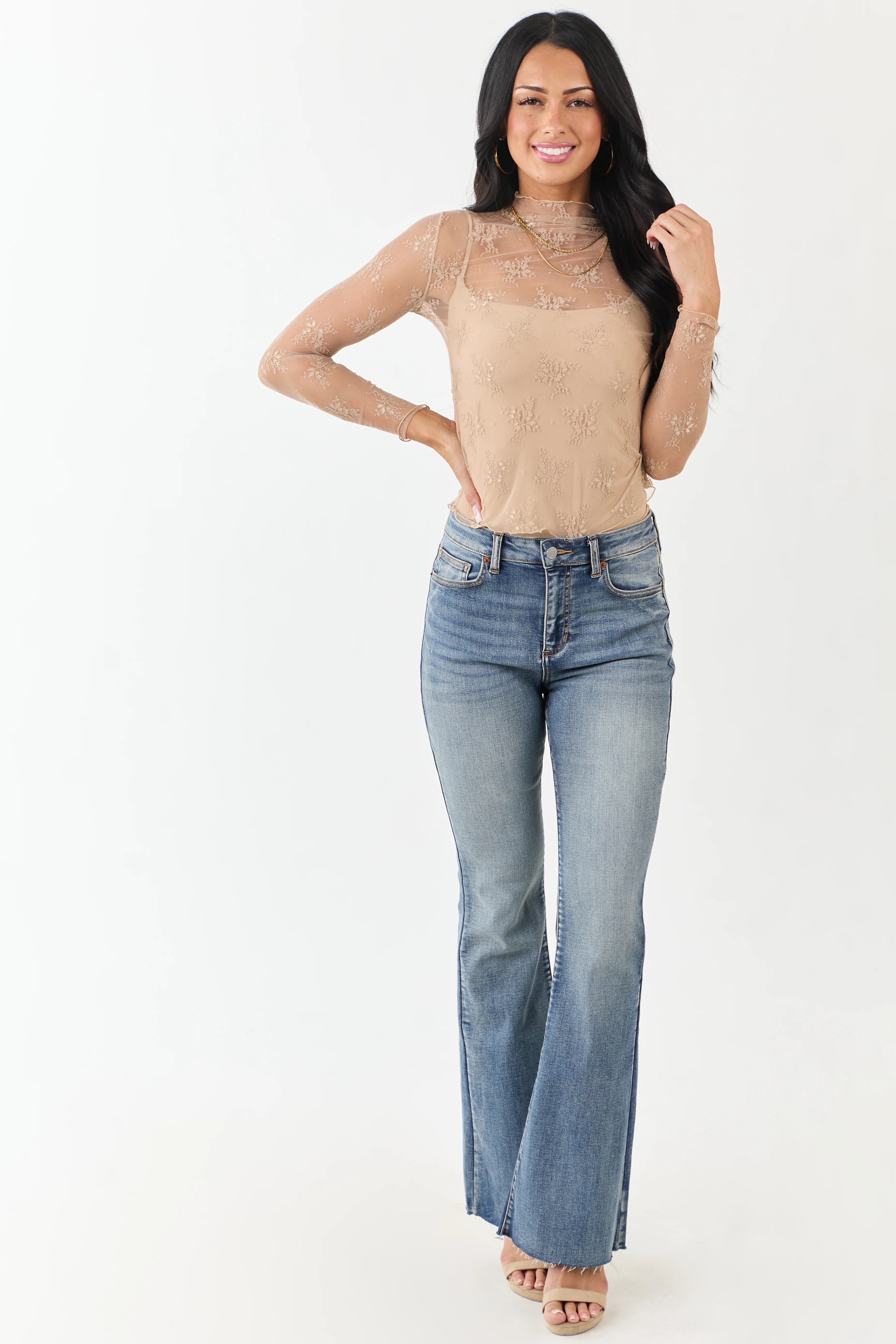 Beige Floral Lace Mesh Long Sleeve Top - Image 3