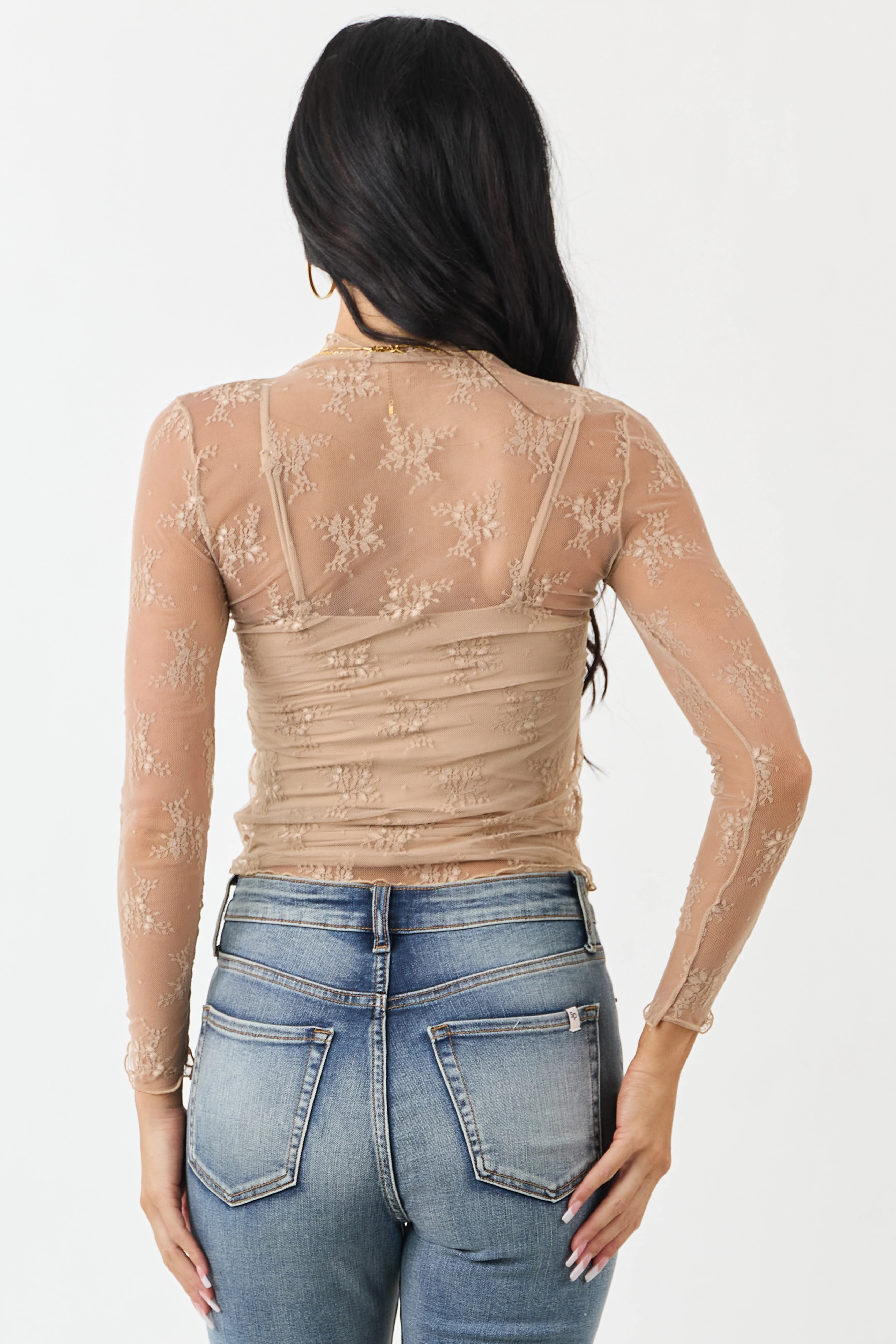 Beige Floral Lace Mesh Long Sleeve Top - Image 5