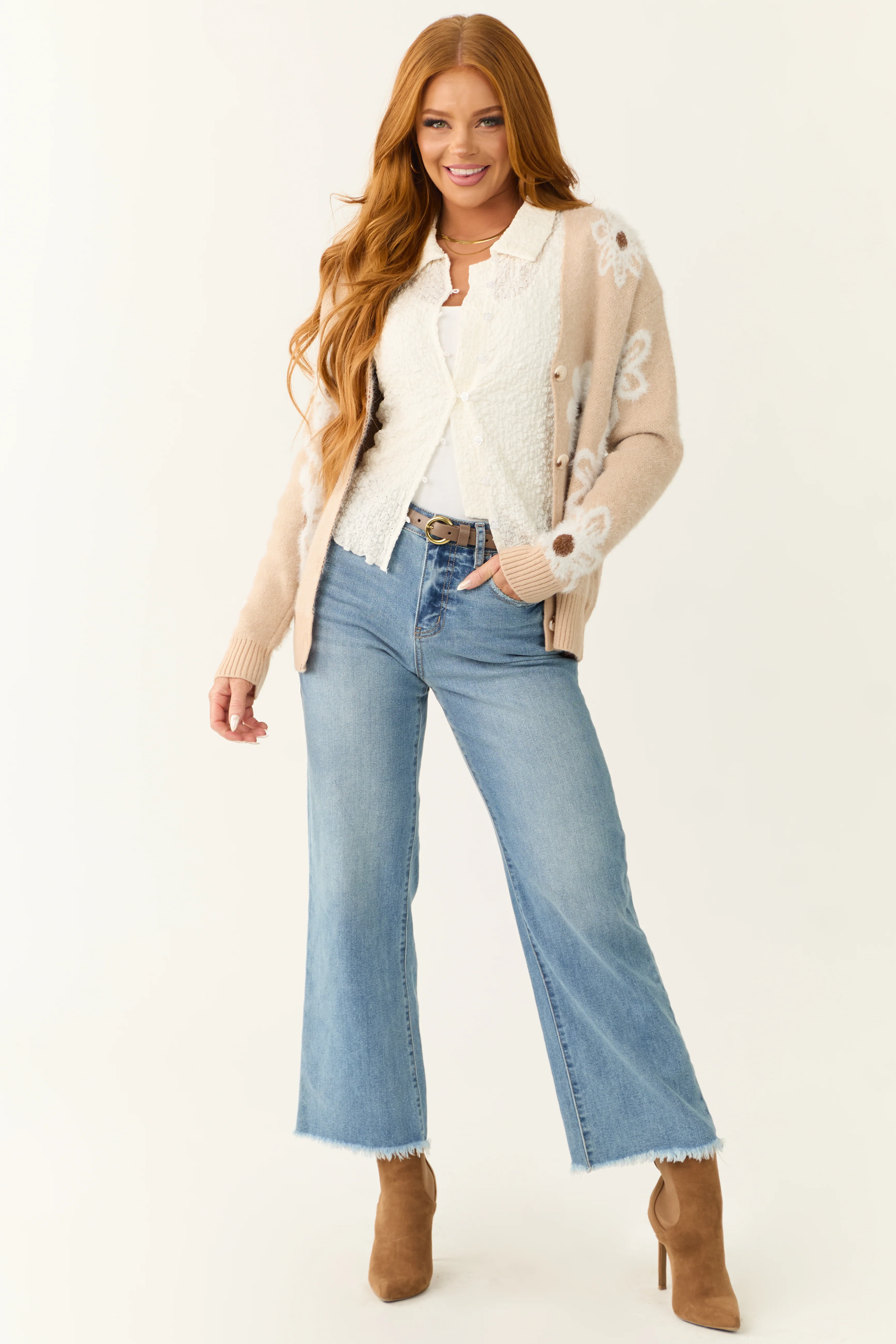 Beige Floral Pattern Fuzzy Soft Knit Cardigan - Image 5