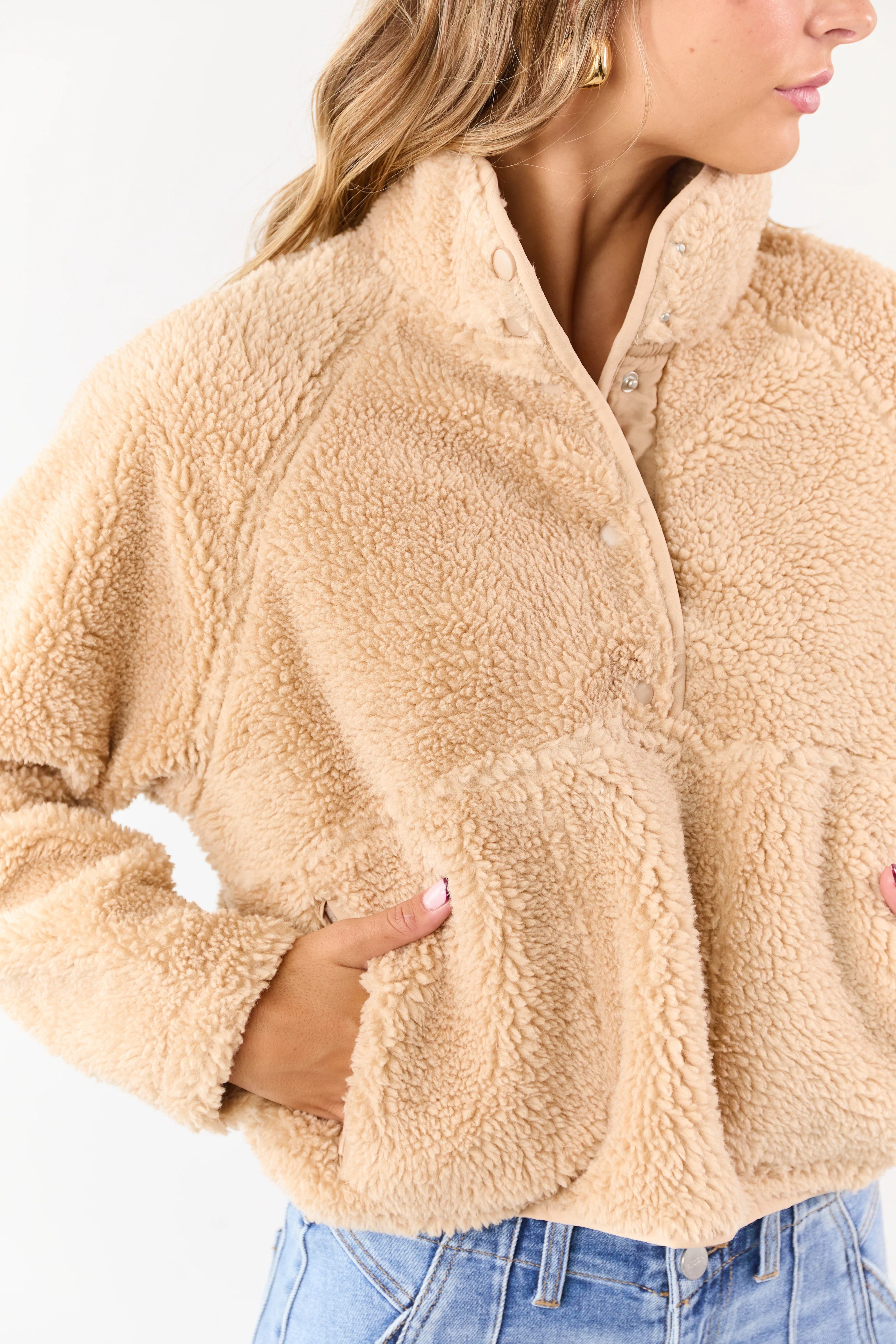 Beige Half Snap Button Sherpa Pullover Jacket - Image 6