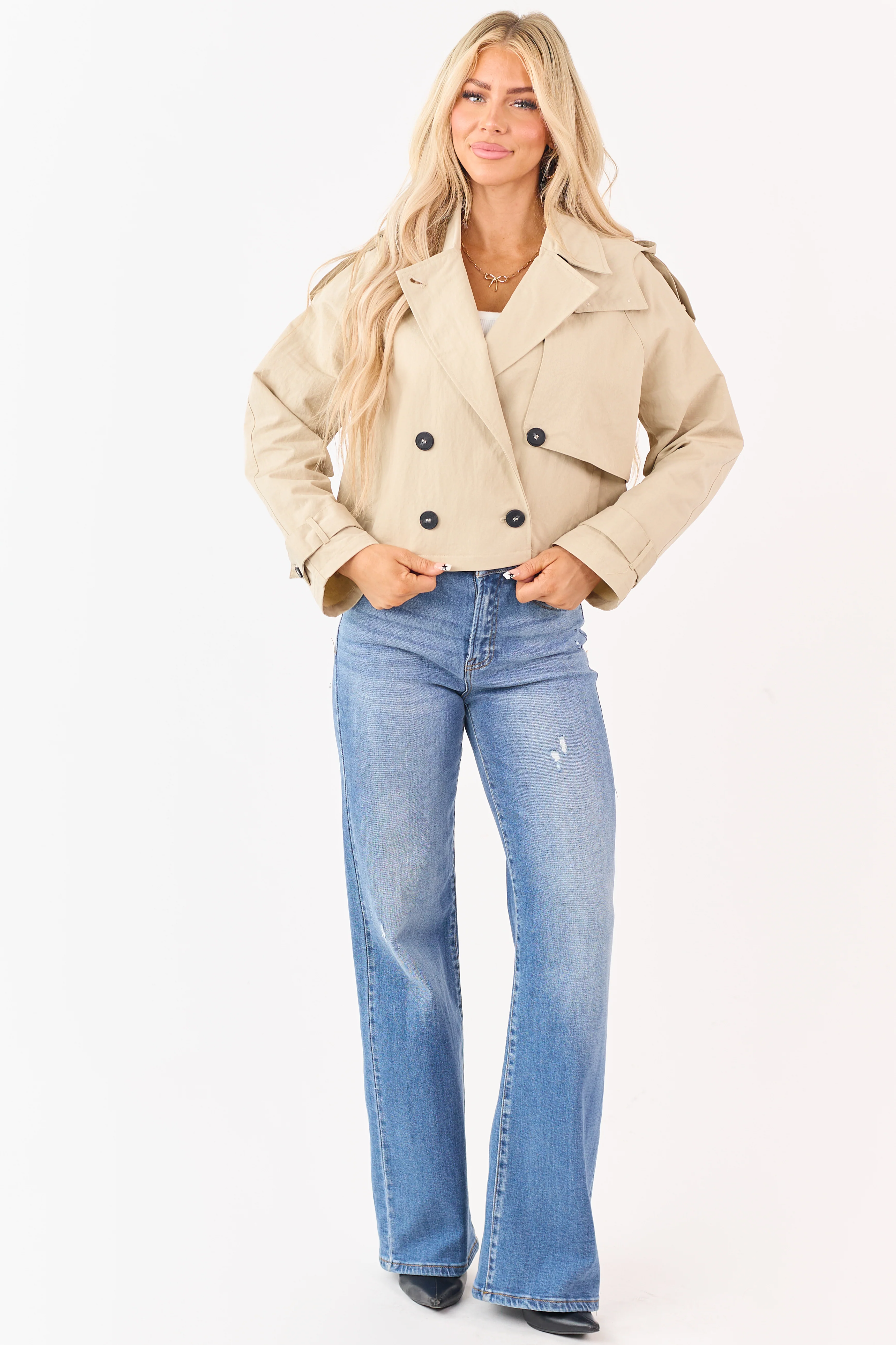Beige Hooded Doubled Breasted Trench Jacket - Image 3