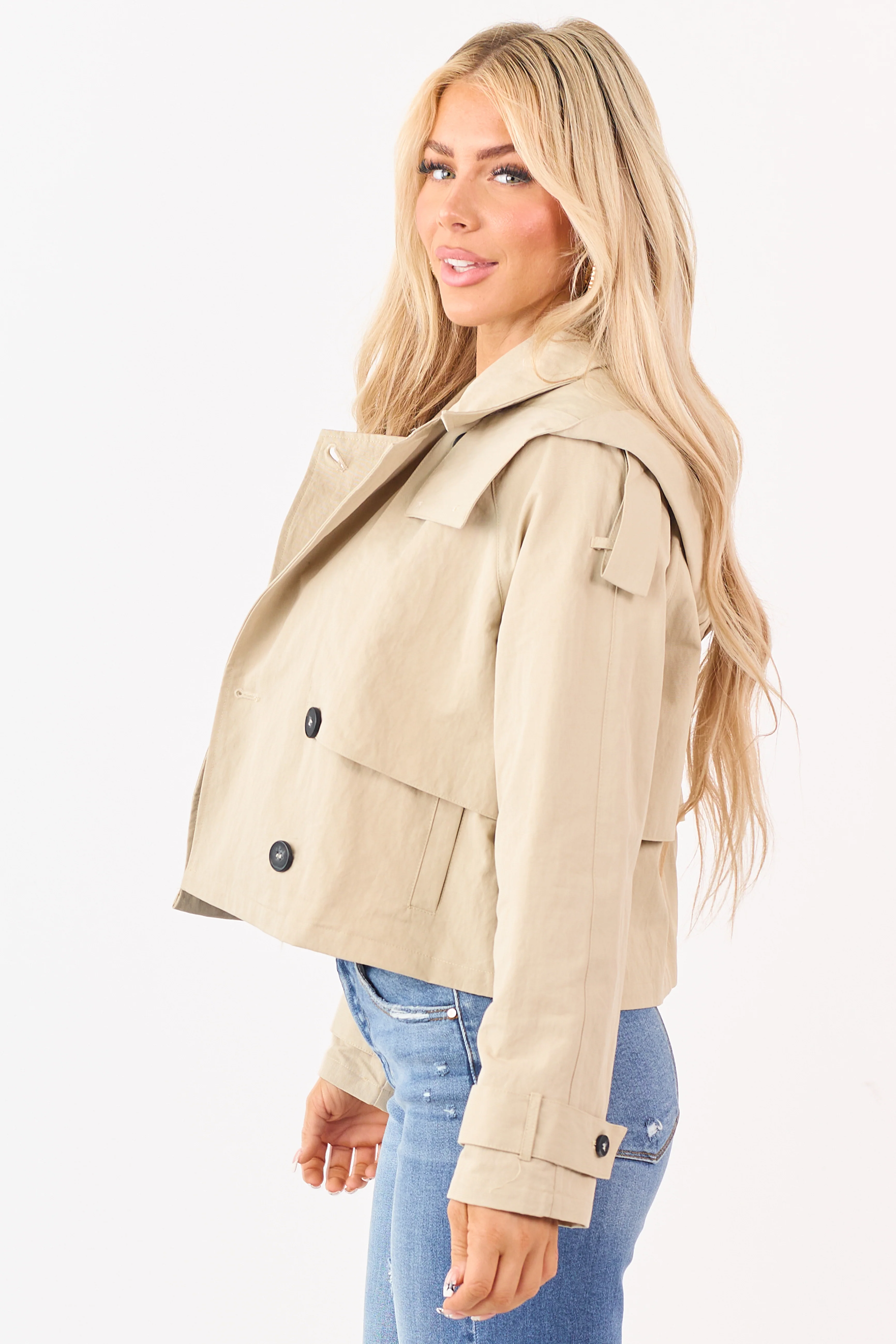 Beige Hooded Doubled Breasted Trench Jacket - Image 4