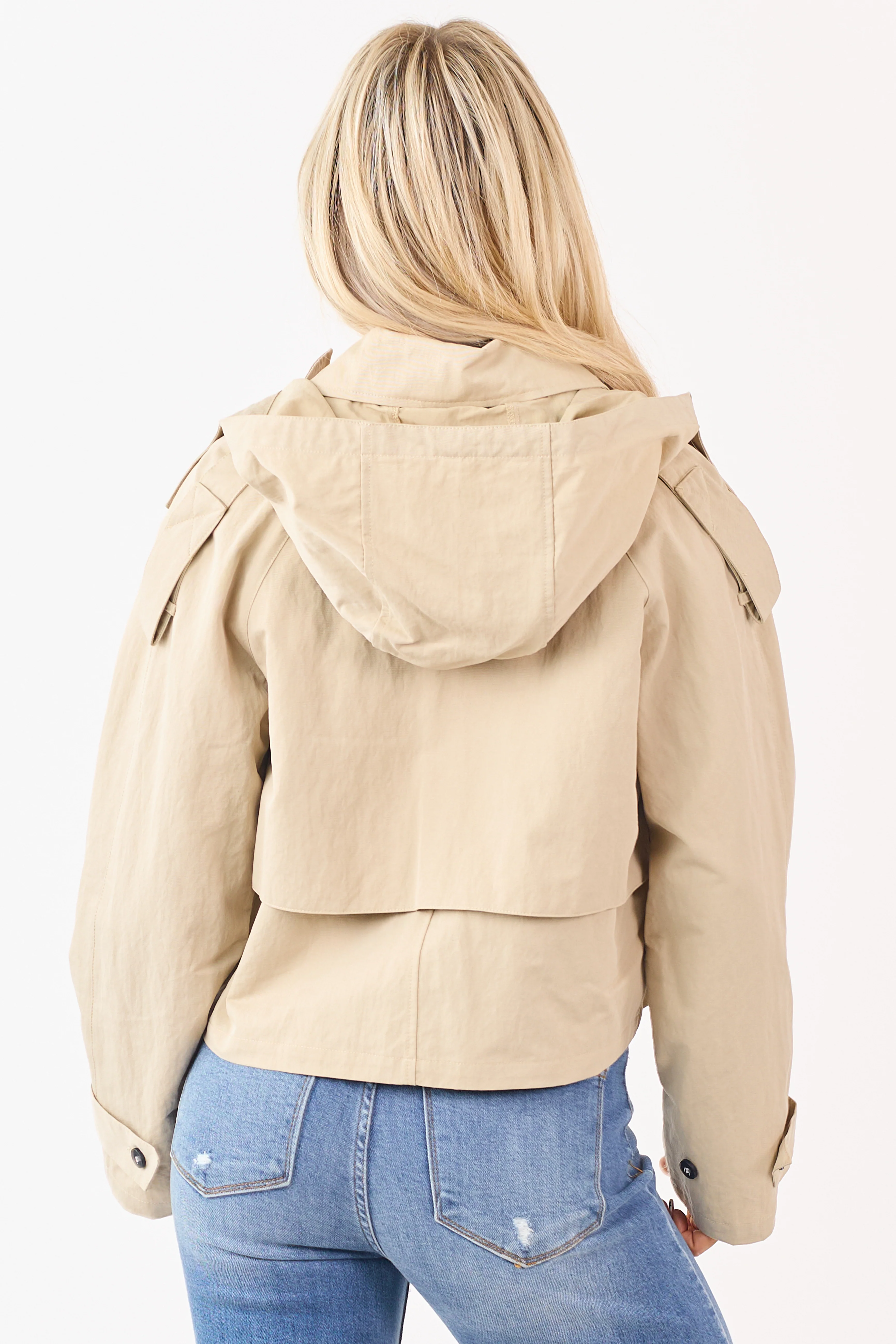Beige Hooded Doubled Breasted Trench Jacket - Image 5
