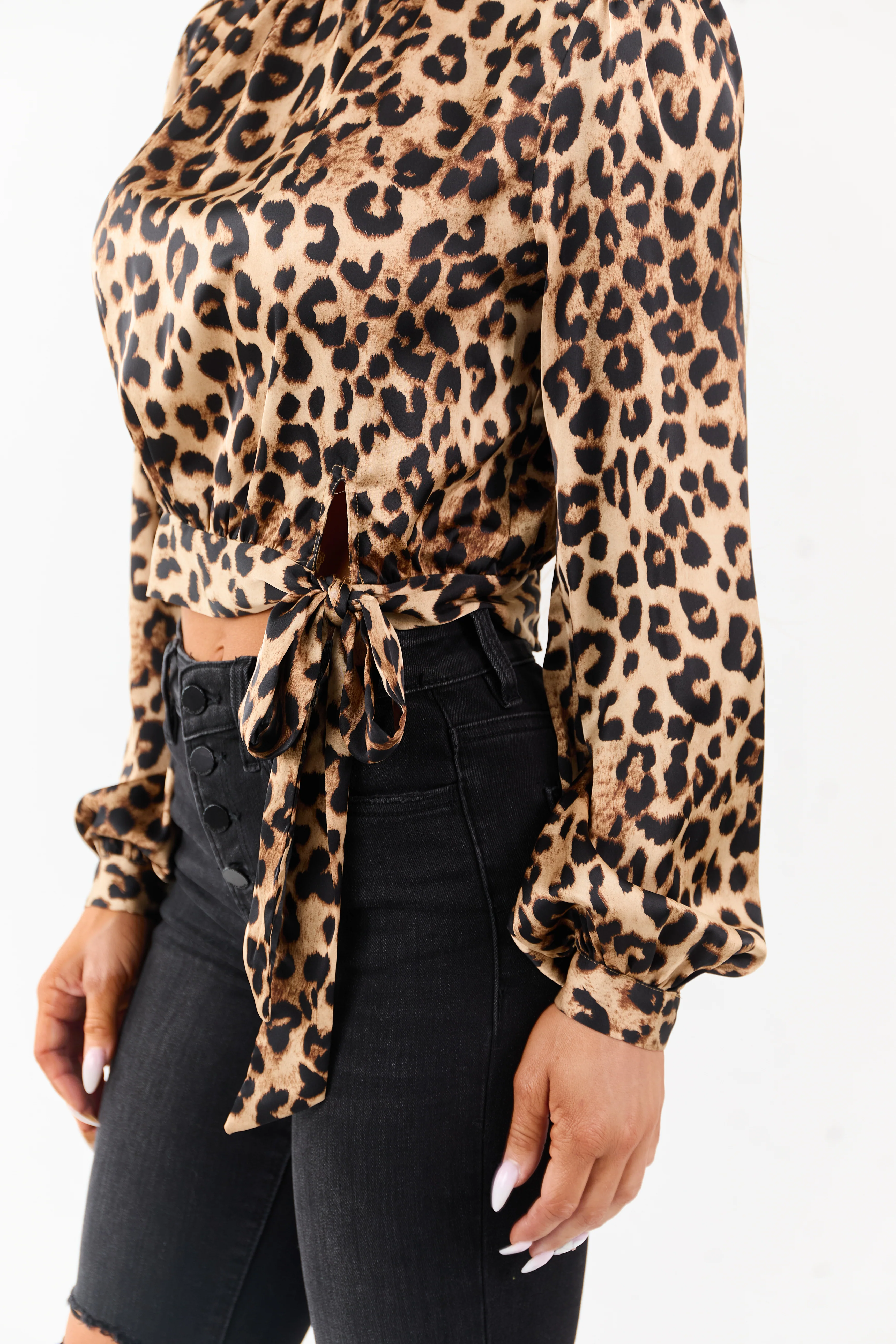 Beige Leopard Print Front Tie Smocked Neck Top - Image 6