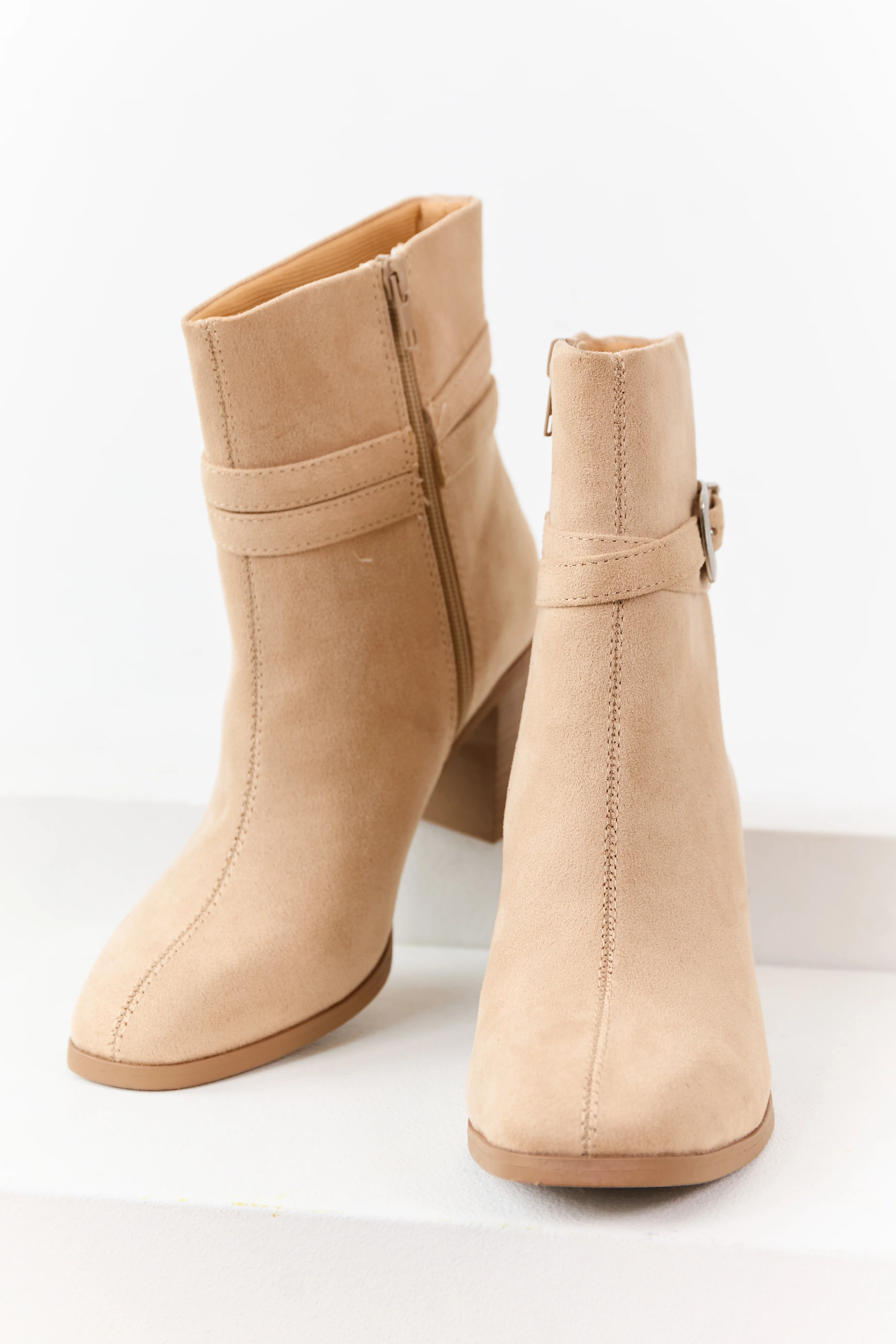 Beige Microsuede Block Heel Buckle Booties - Image 2