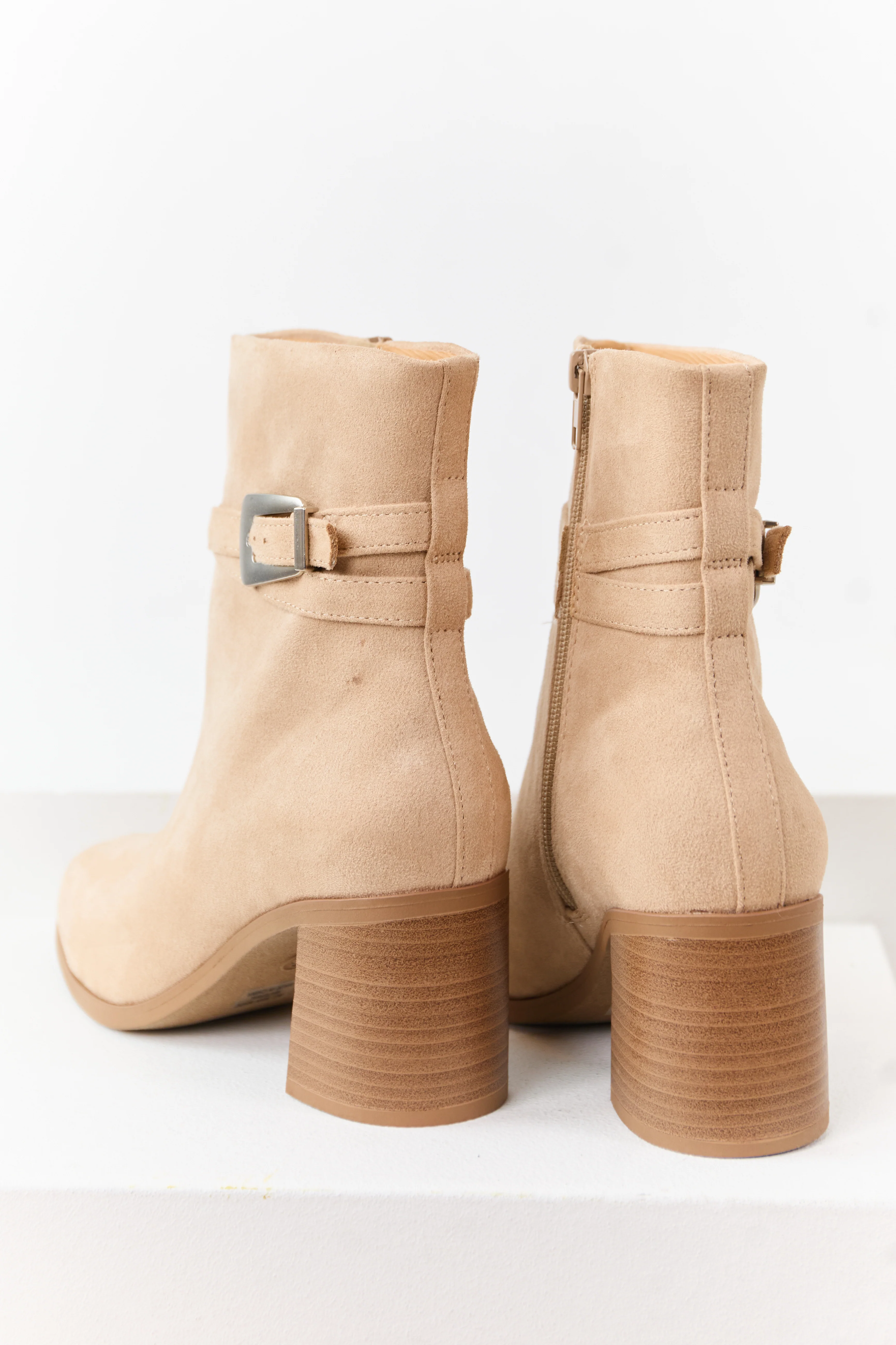 Beige Microsuede Block Heel Buckle Booties - Image 3