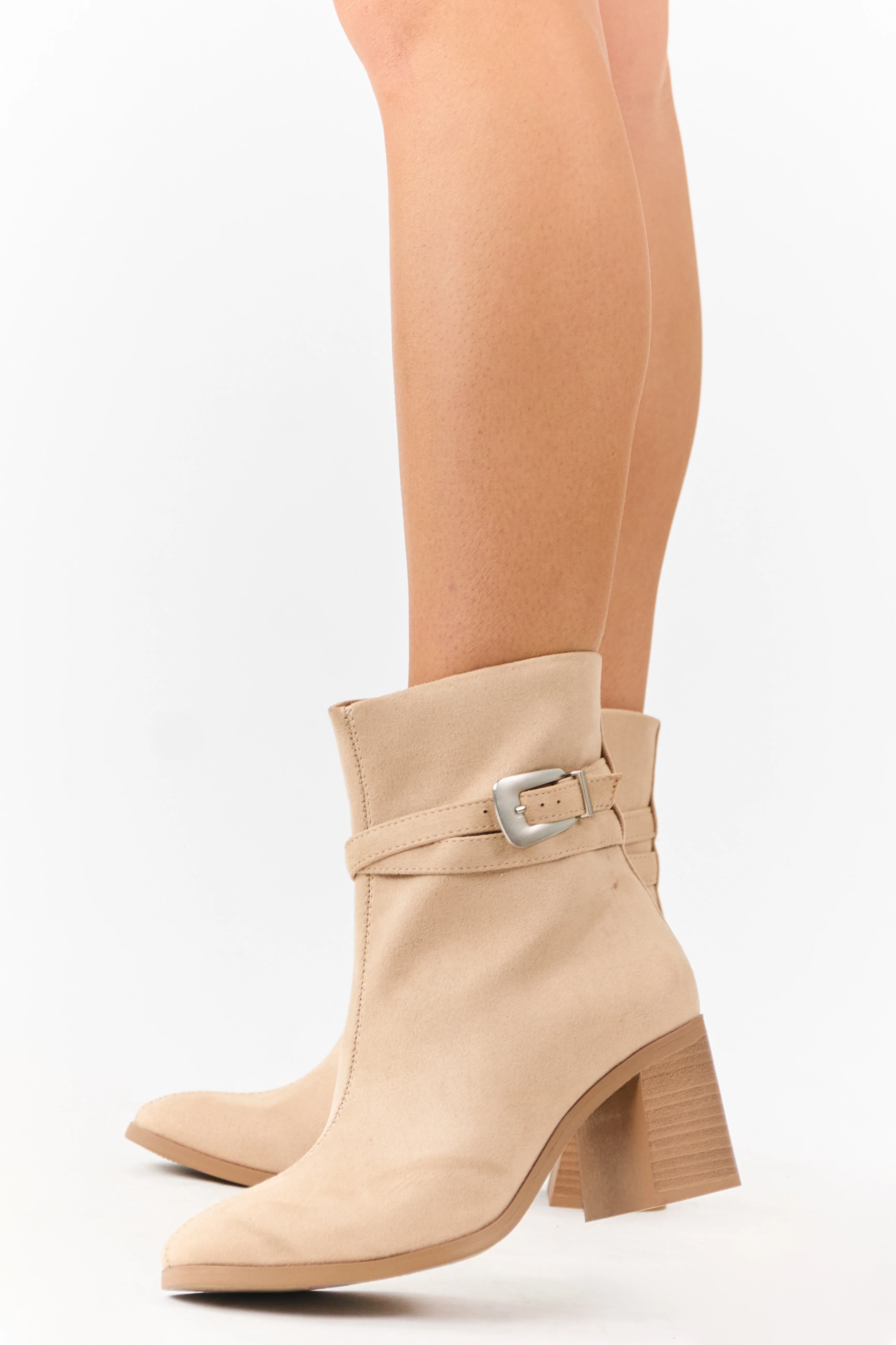 Beige Microsuede Block Heel Buckle Booties - Image 5