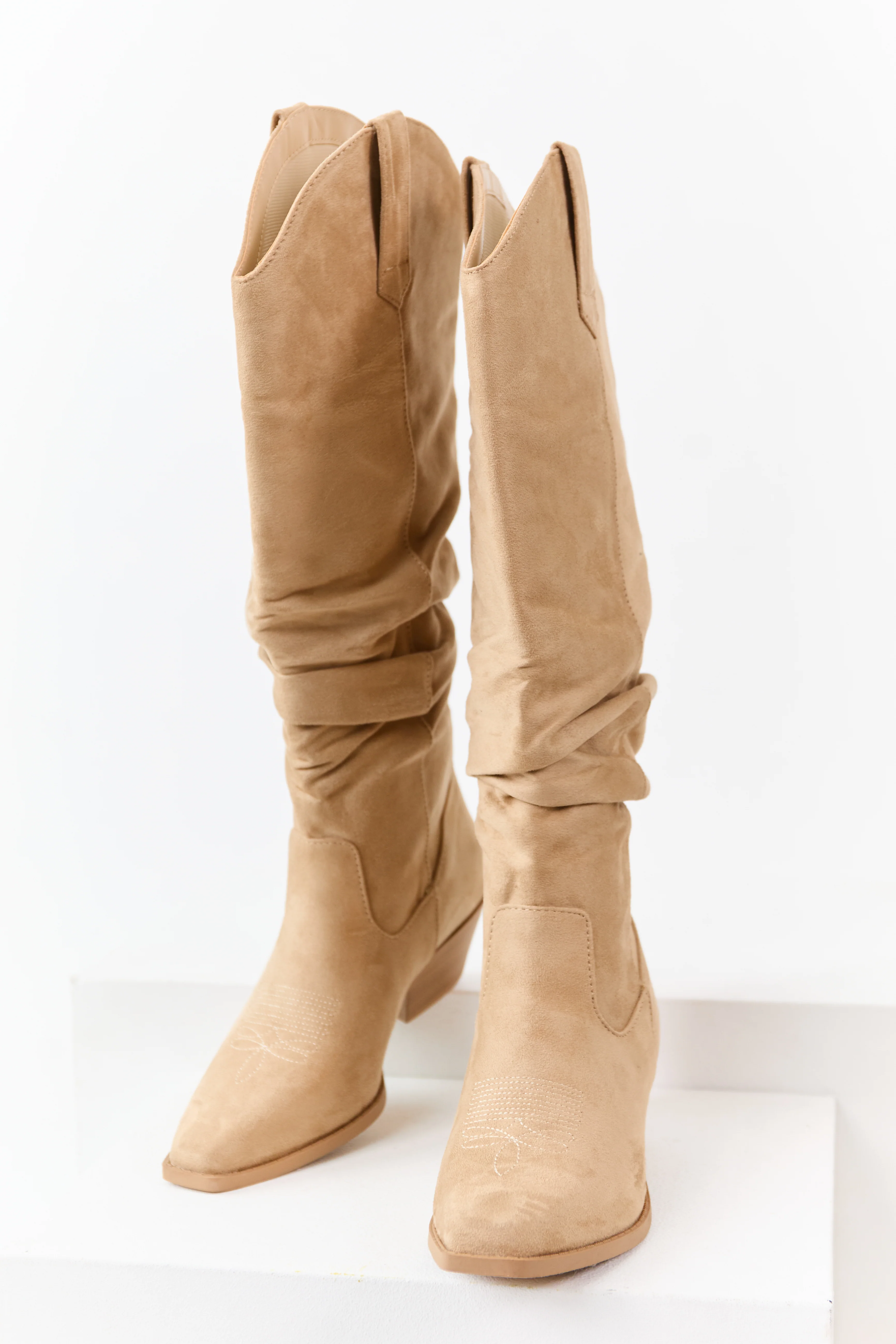 Beige Microsuede Western Style Slouch Tall Boots - Image 2