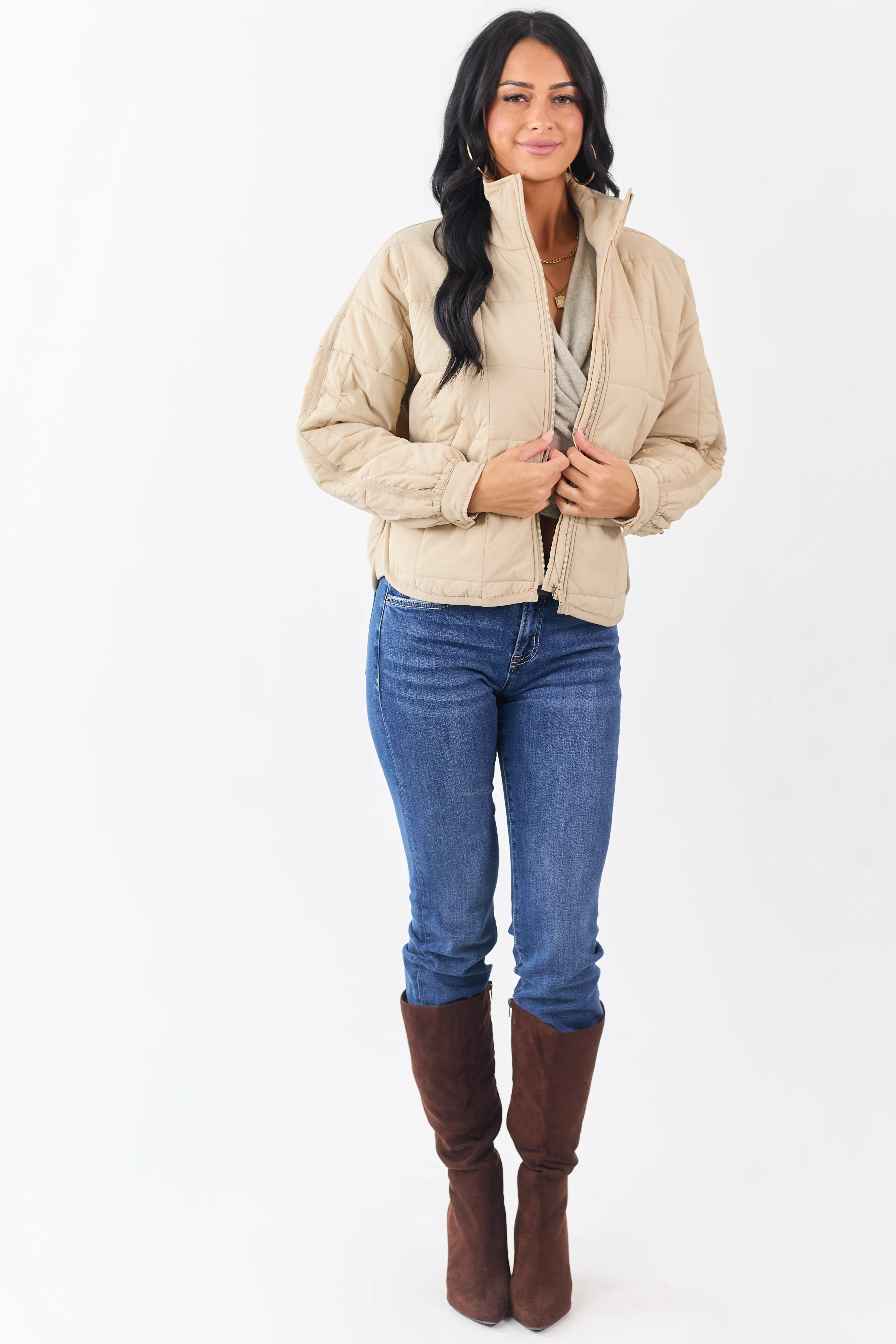 Beige Mock Neck Quilted Square Zip Up Puffer Jacket - Image 2