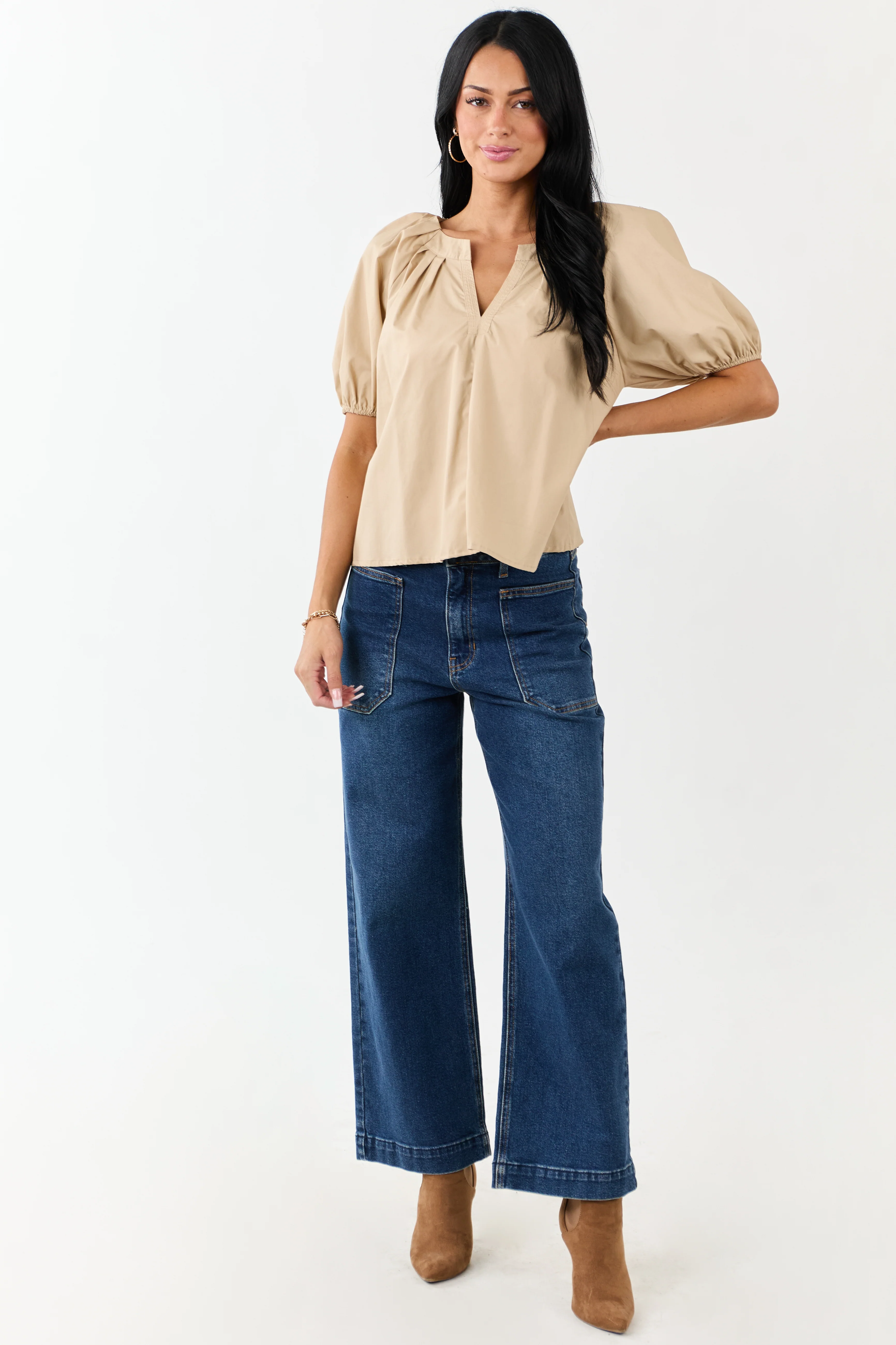 Beige Pleated Half Puff Sleeve Cotton Top - Image 2