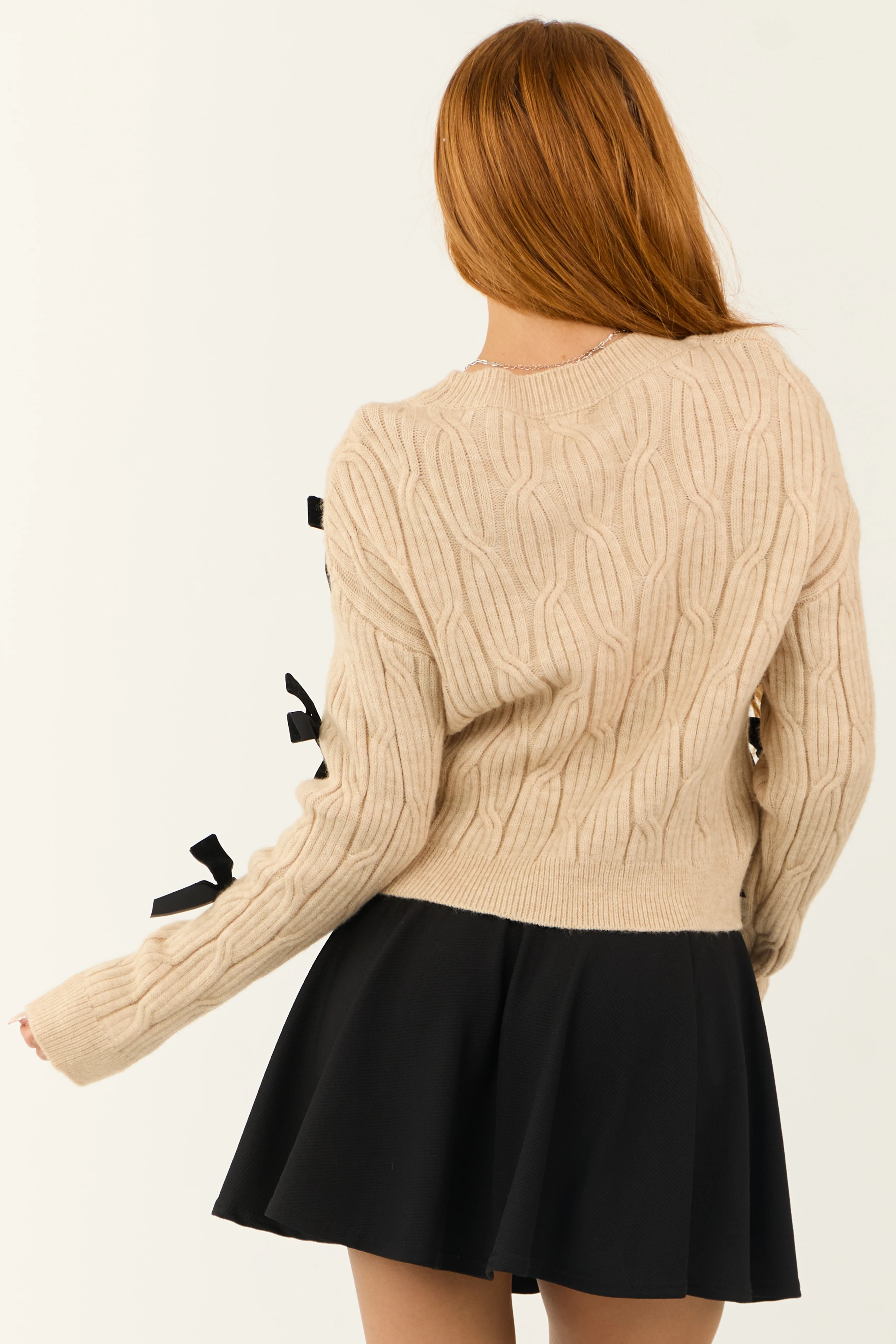 Beige Ribbon Bow Applique Knit Sweater - Image 5