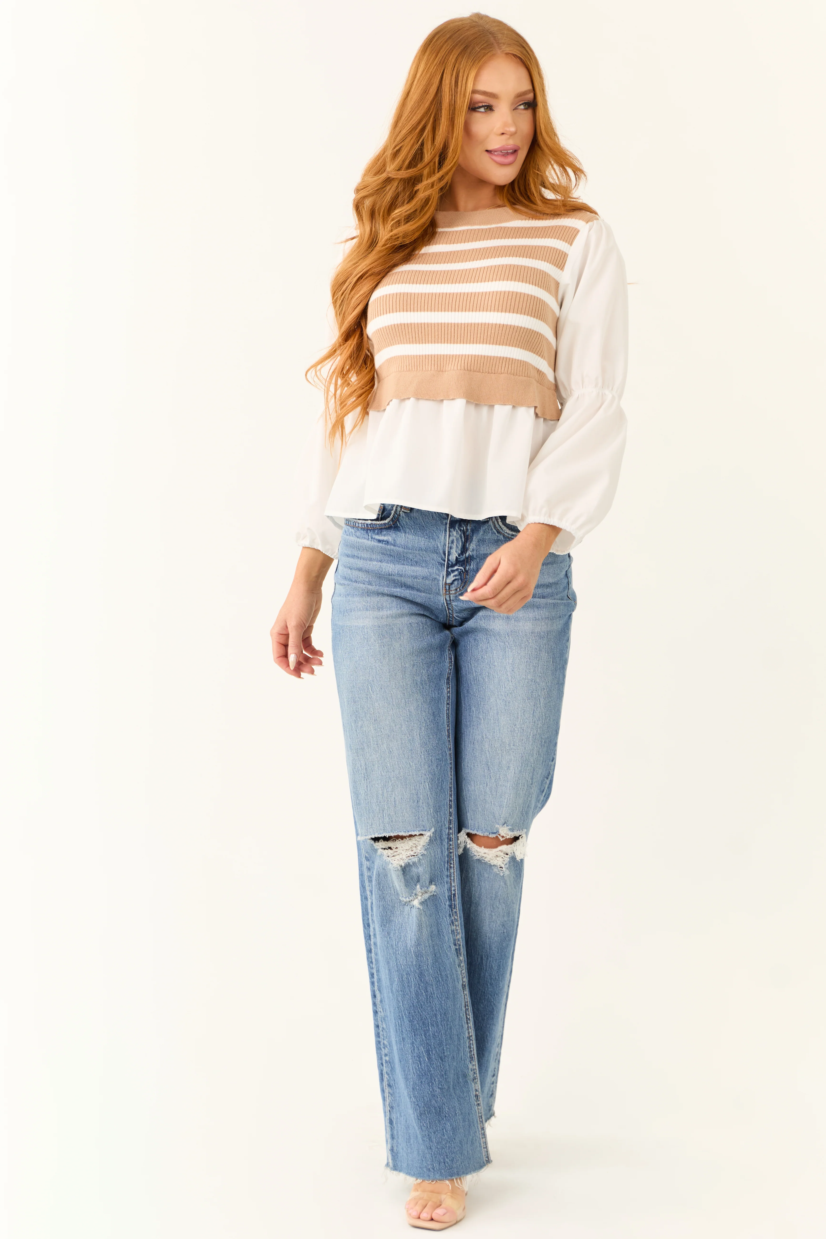 Beige Striped Sweater Vest with Long Sleeve Top - Image 2