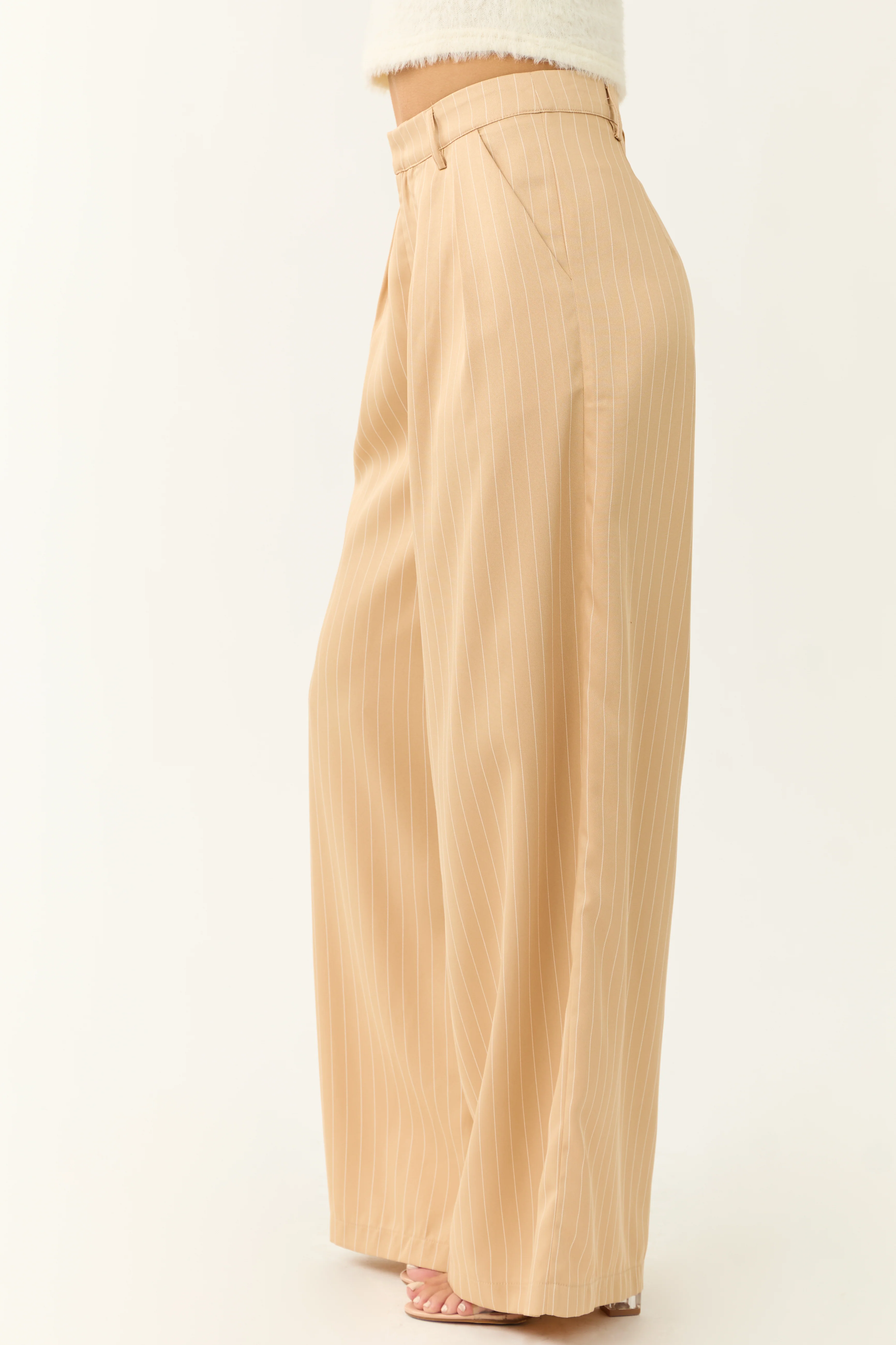 Beige Vertical Pin Stripe Wide Leg Pants - Image 4