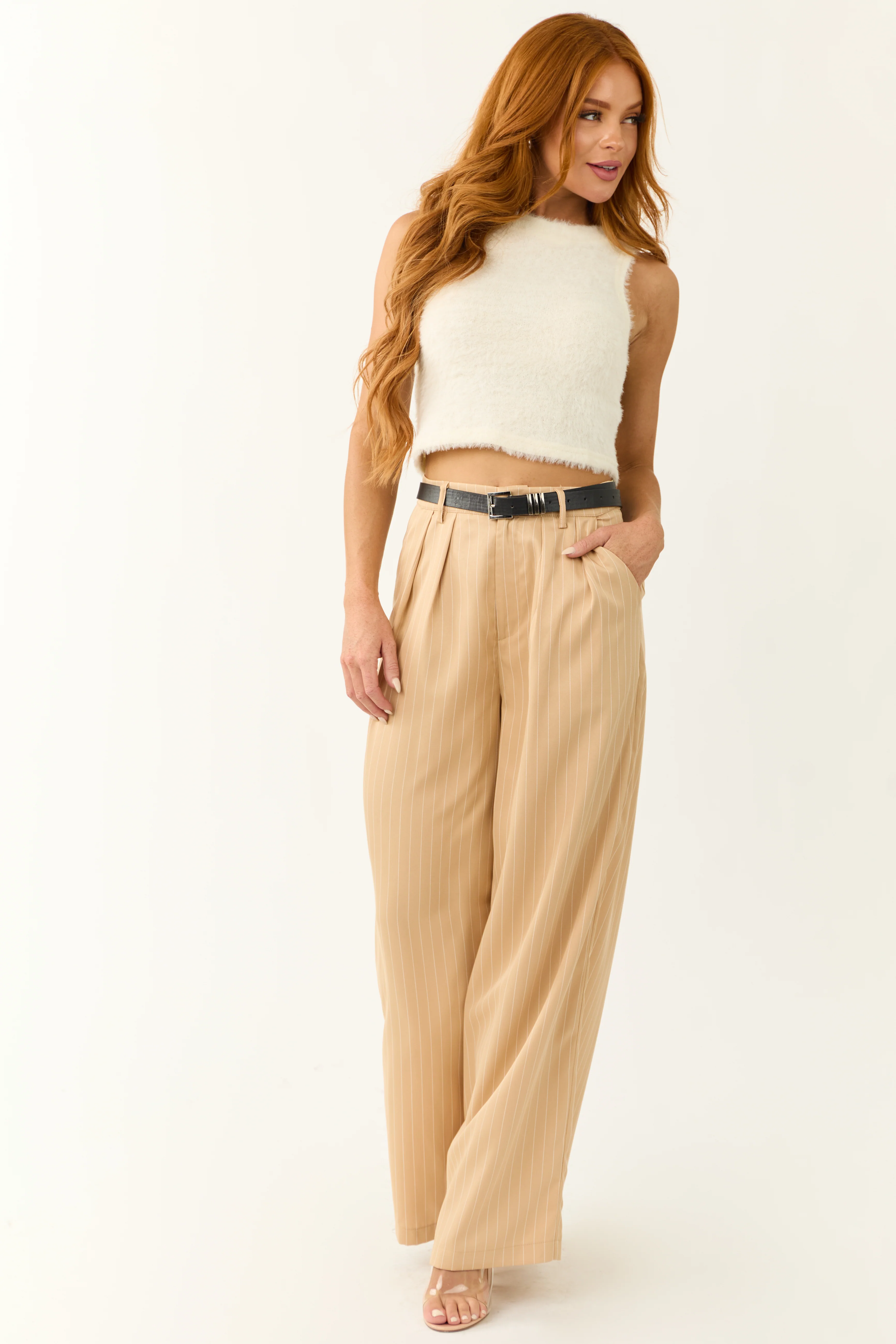 Beige Vertical Pin Stripe Wide Leg Pants - Image 7