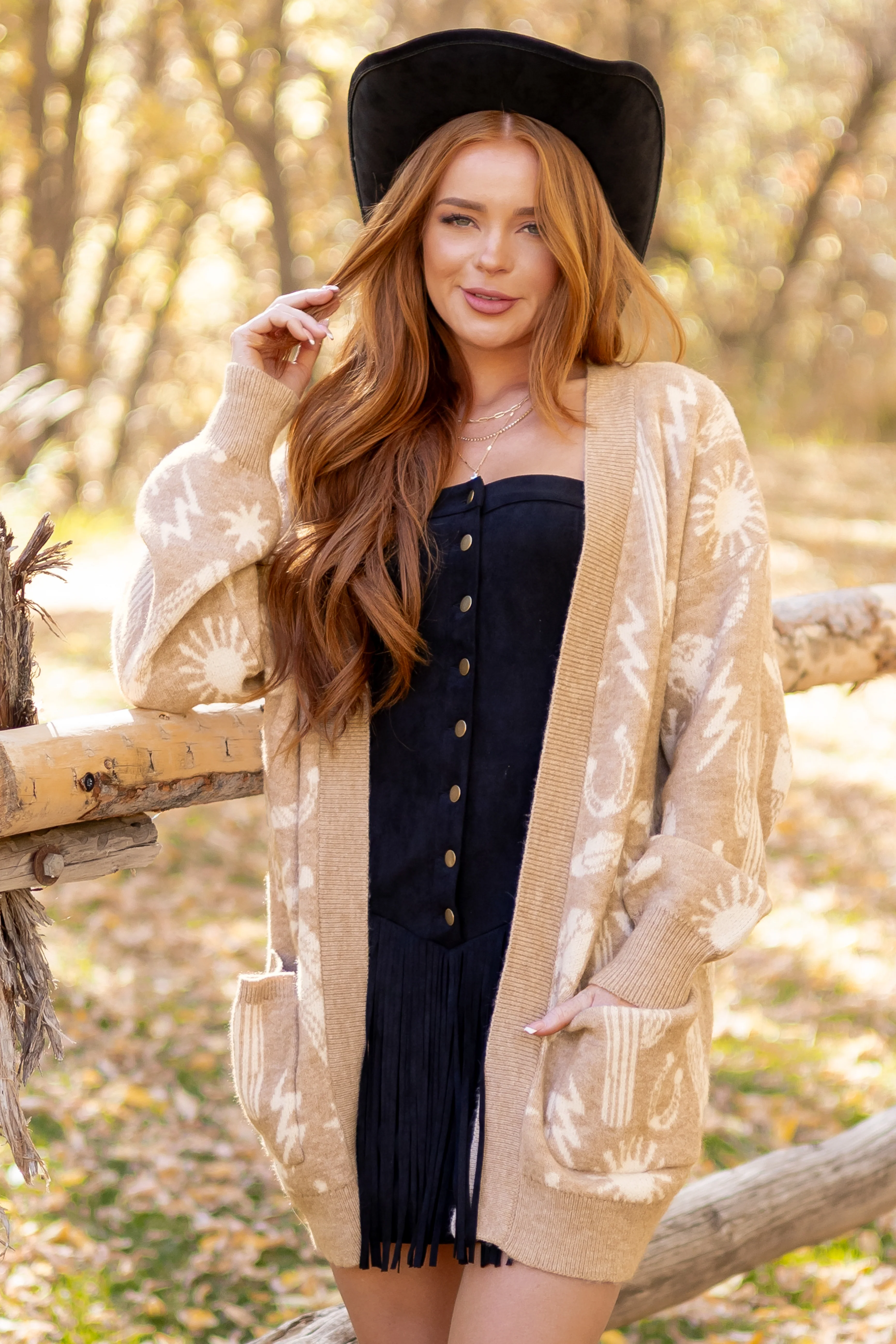 Beige Western Print Open Front Ribbed Trim Cardigan - Image 3