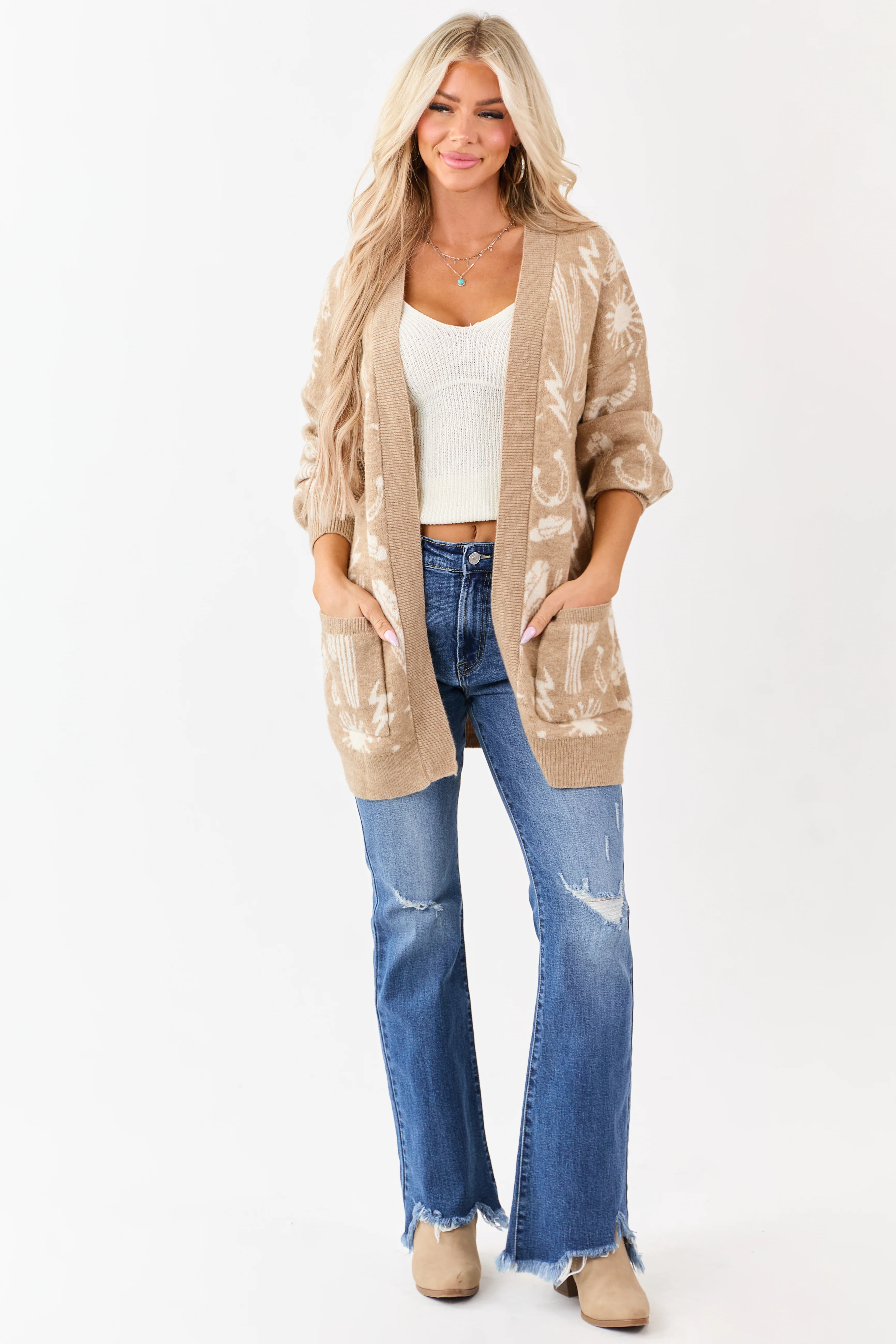 Beige Western Print Open Front Ribbed Trim Cardigan - Image 4