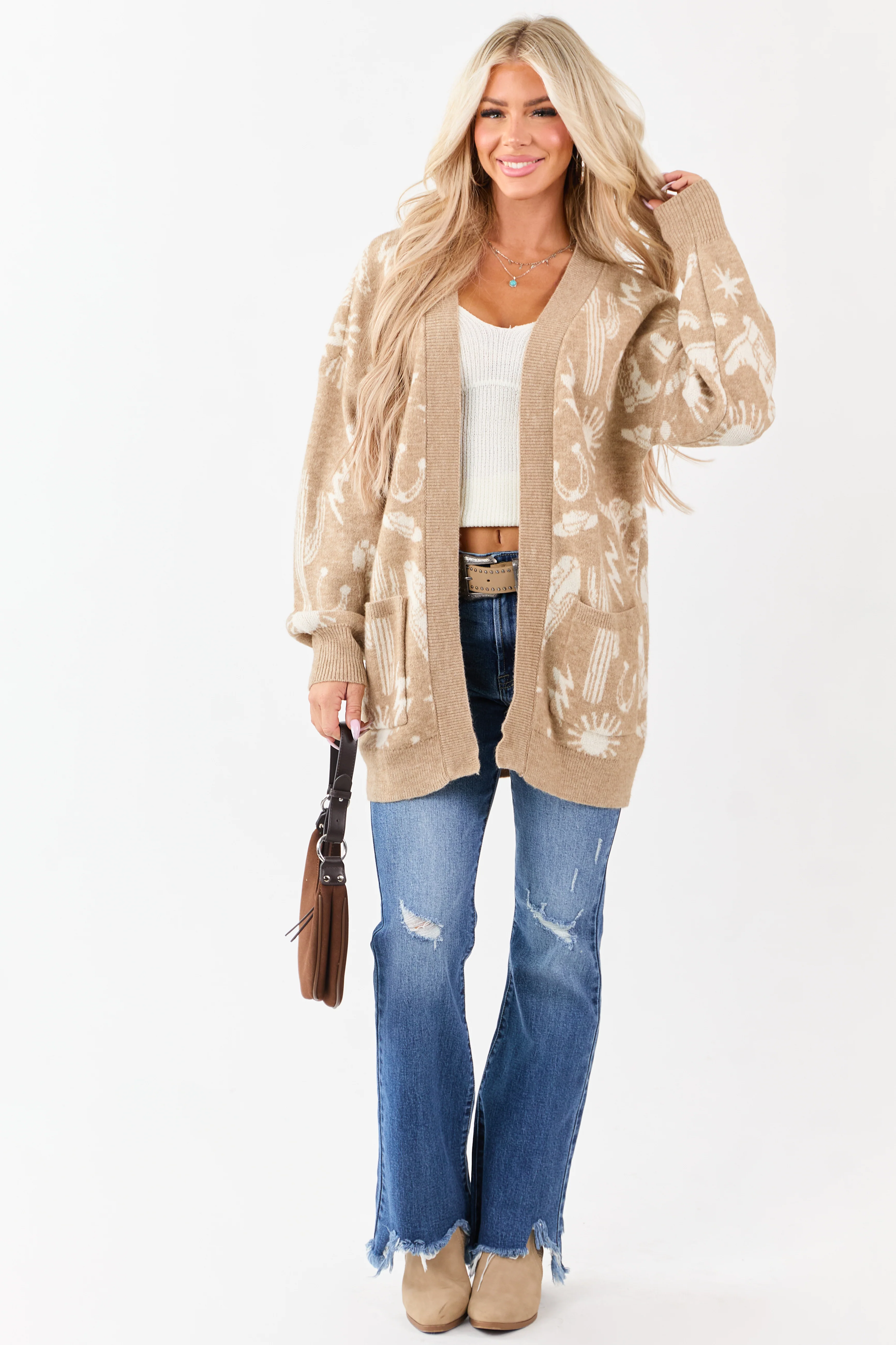 Beige Western Print Open Front Ribbed Trim Cardigan - Image 5