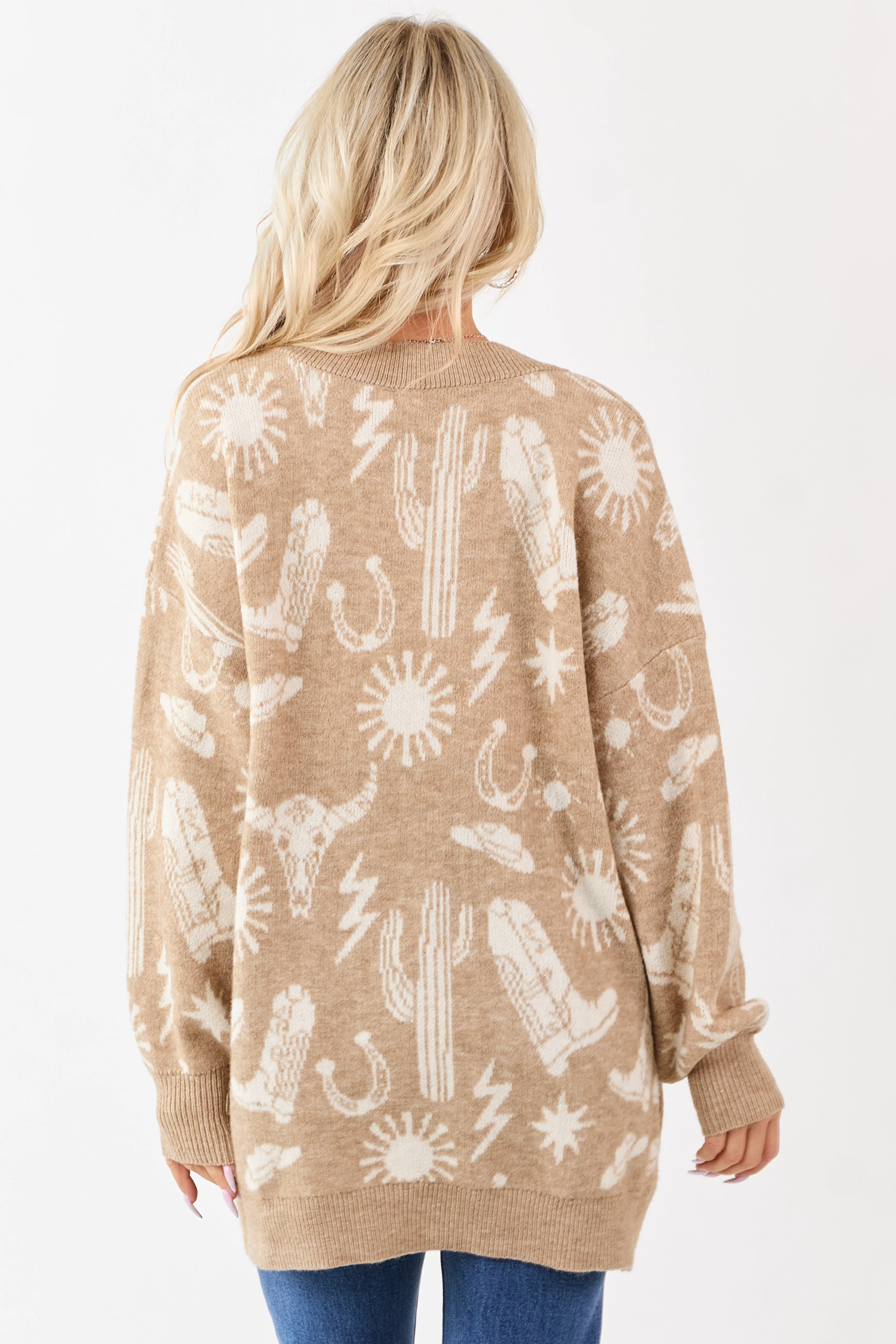 Beige Western Print Open Front Ribbed Trim Cardigan - Image 7