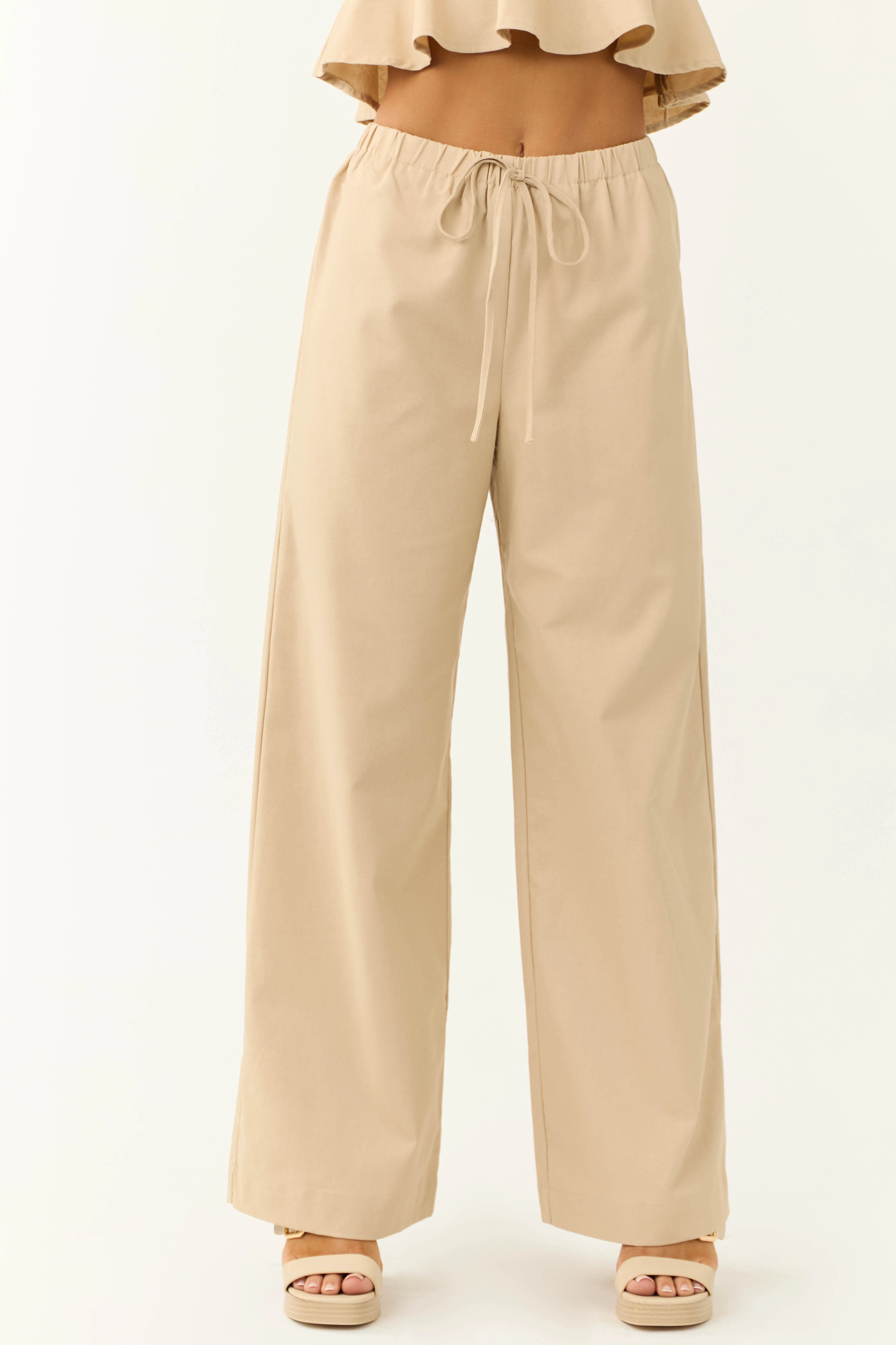Beige Wide Leg High Waist Linen Pants - Image 3