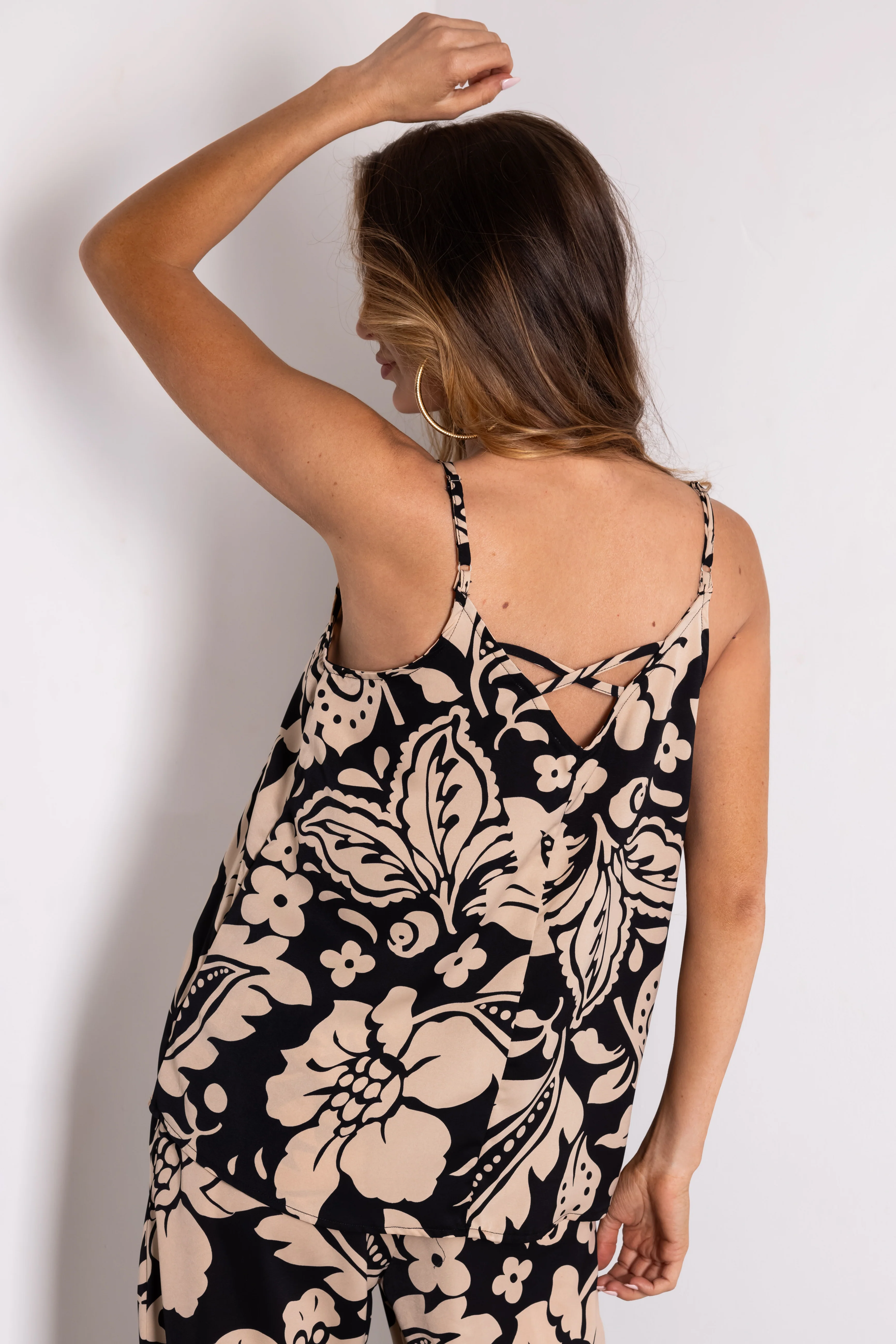 Black and Beige Floral Print V Neck Tank Top - Image 5