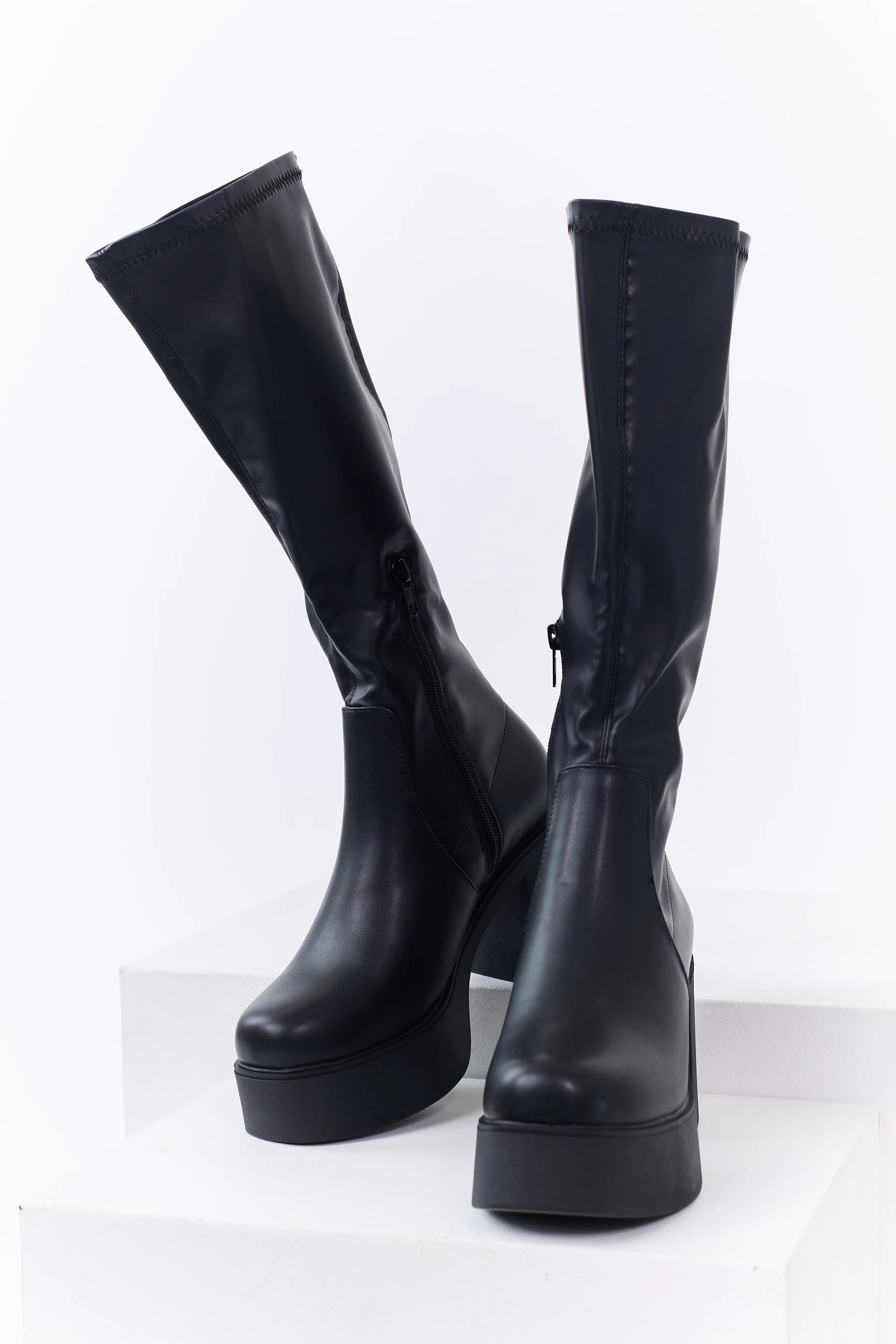 Black Block Heel Faux Leather Platform Boots - Image 2