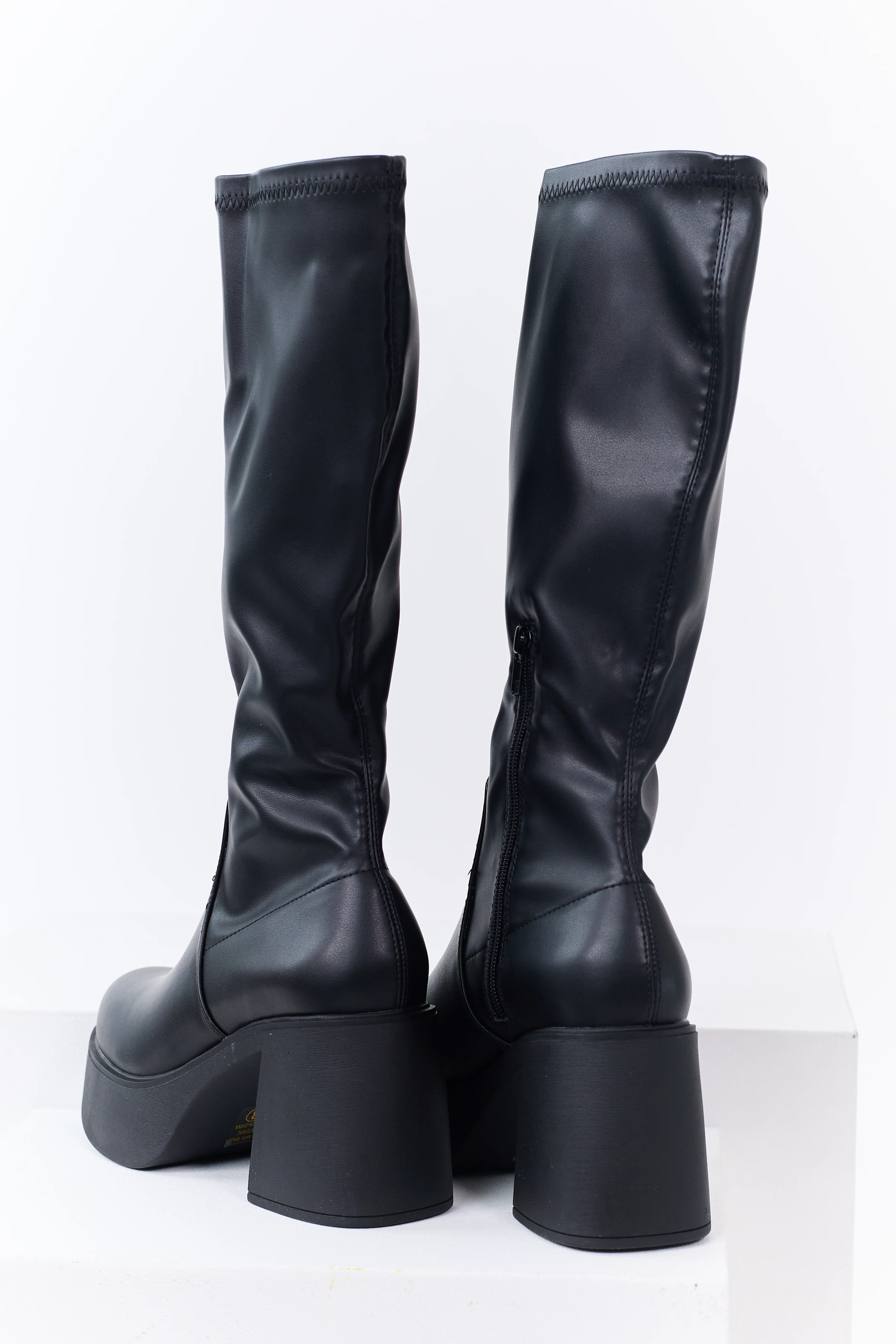 Black Block Heel Faux Leather Platform Boots - Image 3