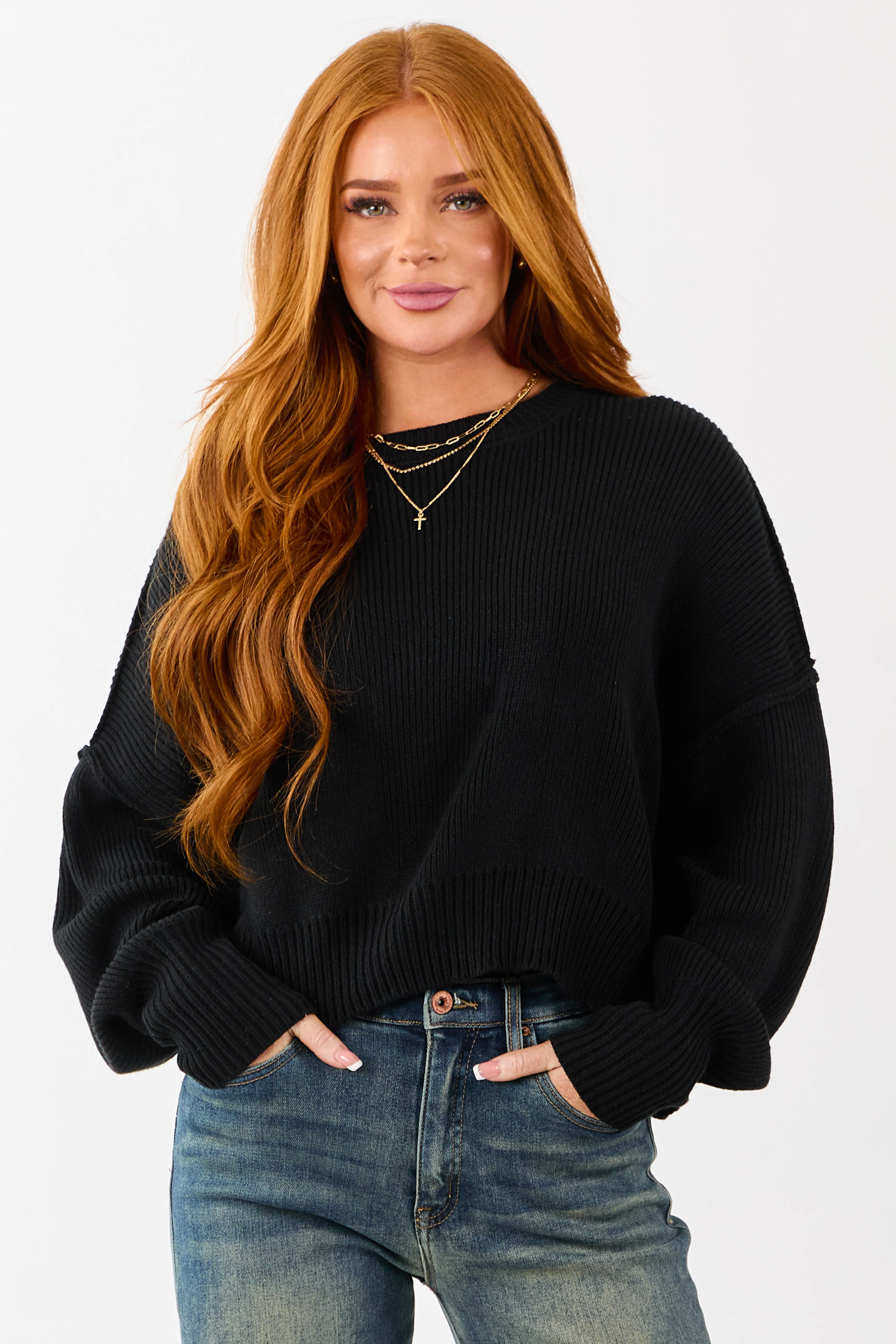 Black Boxy Drop Shoulder Crop Rib Knit Sweater