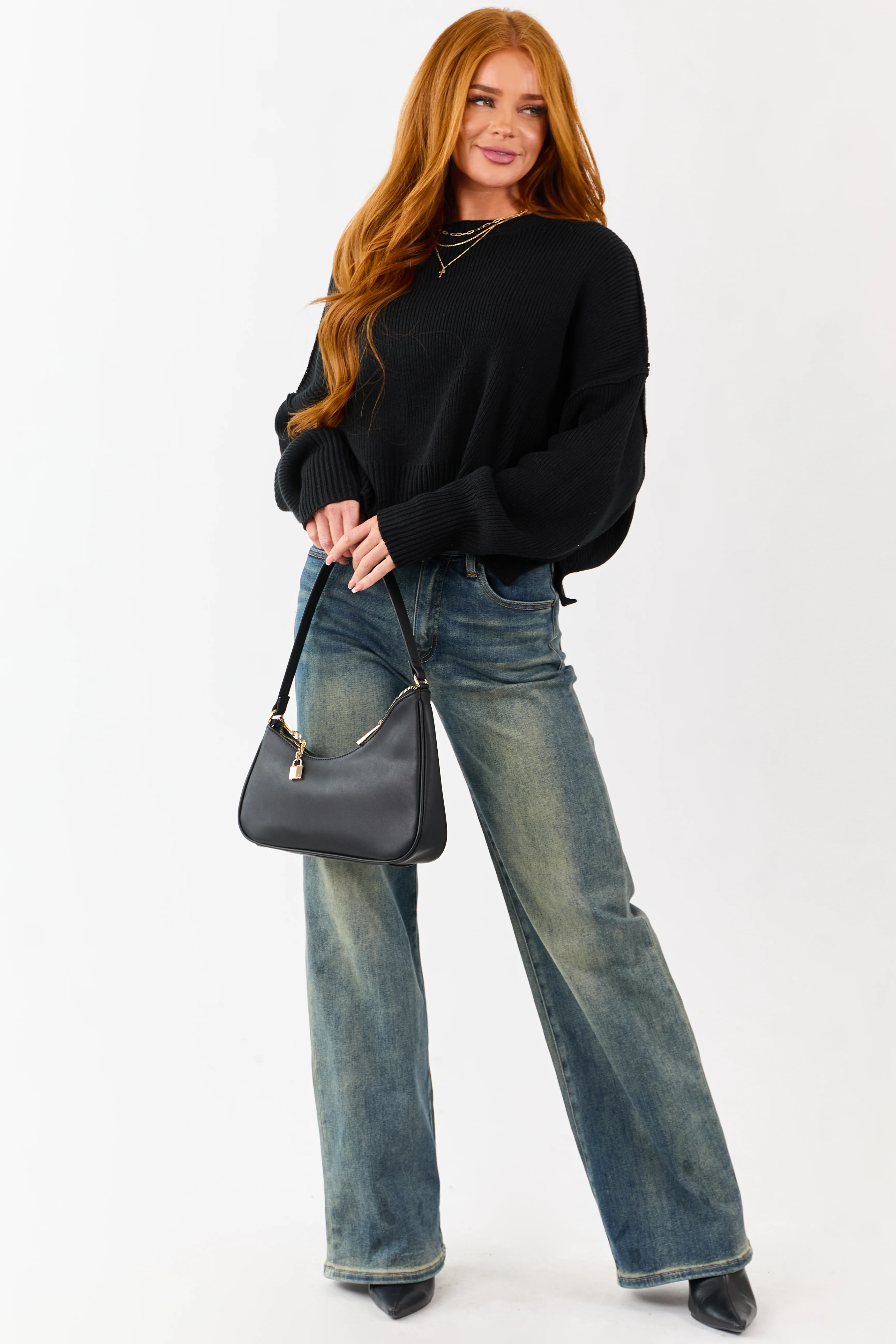 Black Boxy Drop Shoulder Crop Rib Knit Sweater - Image 3