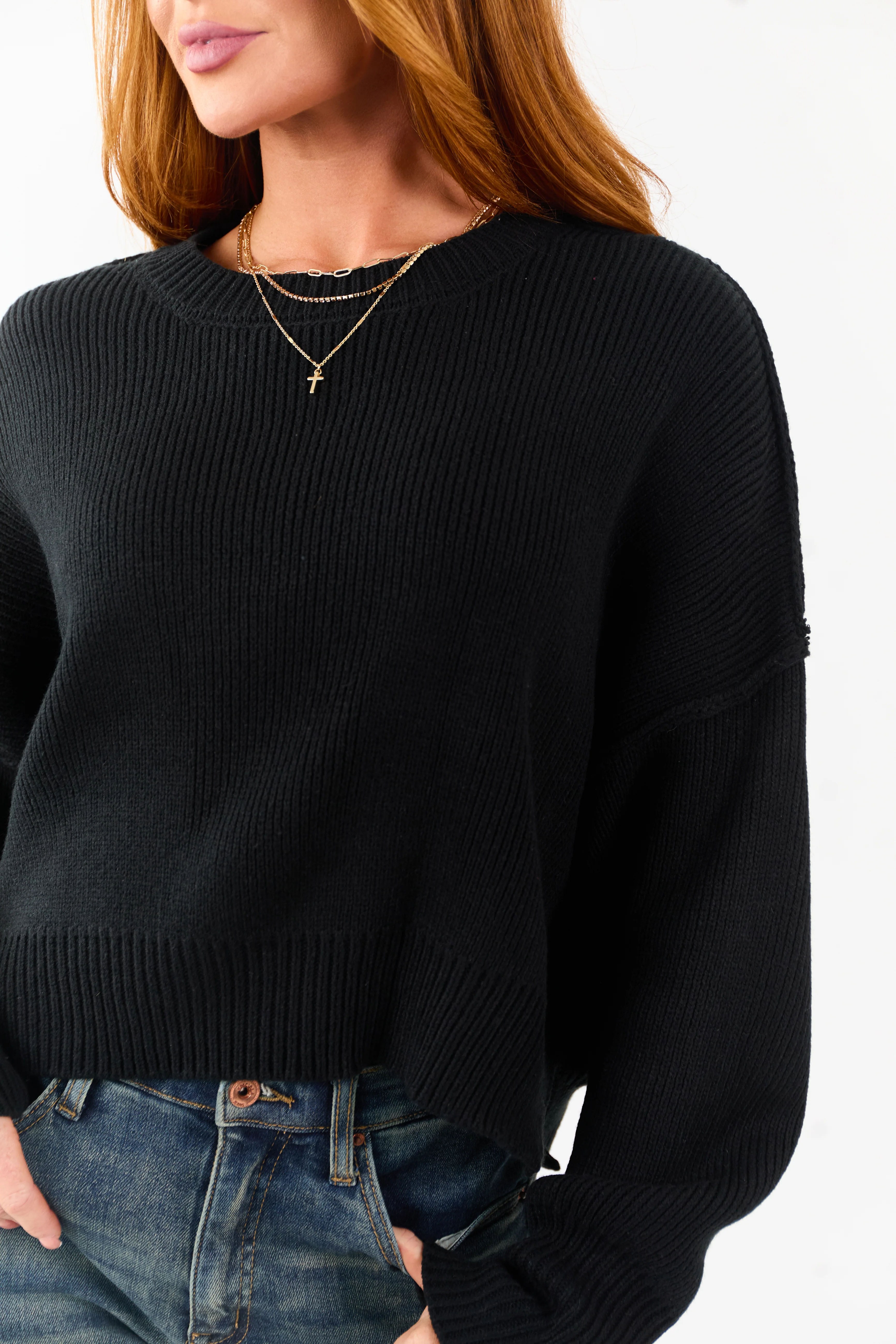 Black Boxy Drop Shoulder Crop Rib Knit Sweater - Image 6