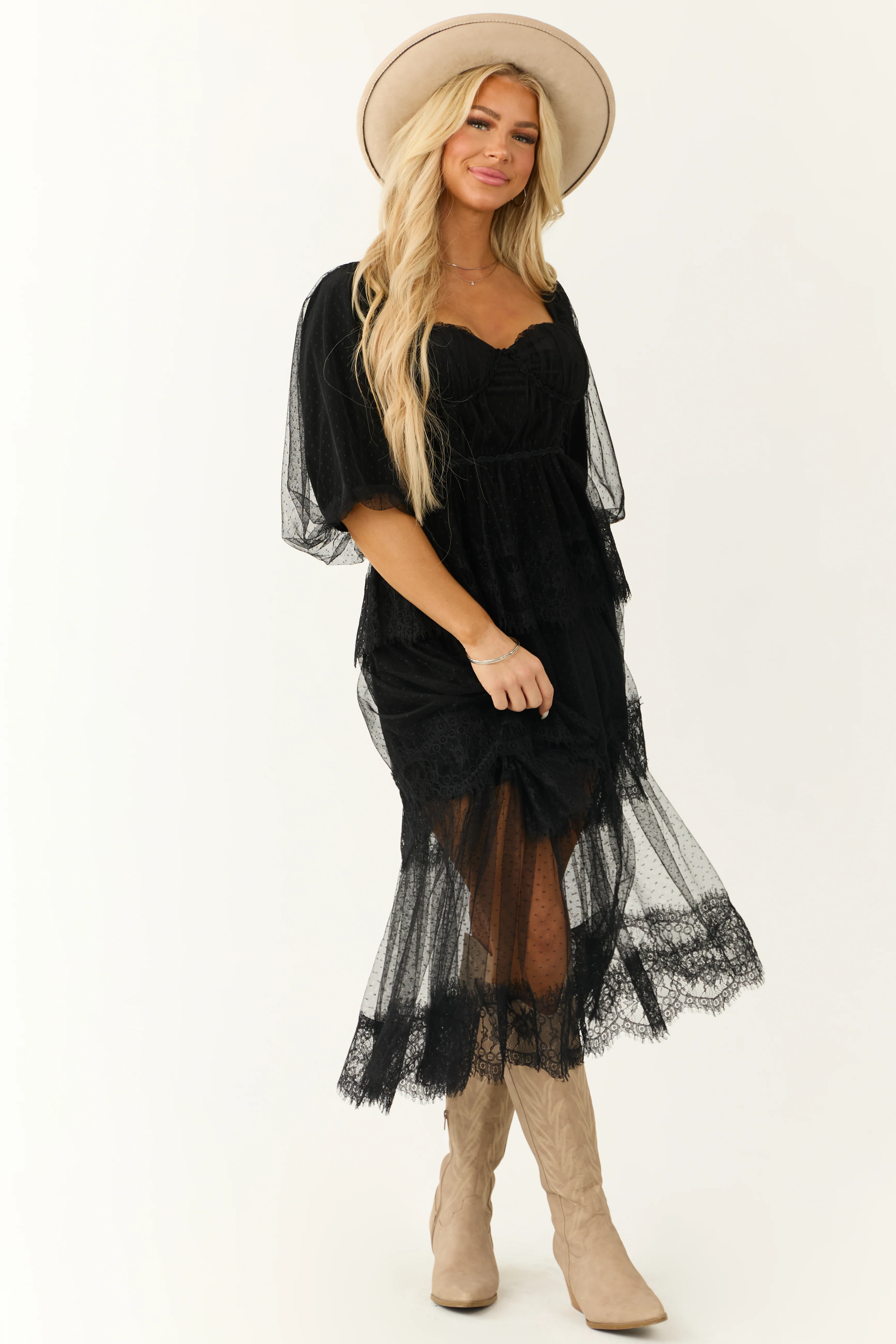Black Bustier Mesh Lace Tiered Midi Dress - Image 3