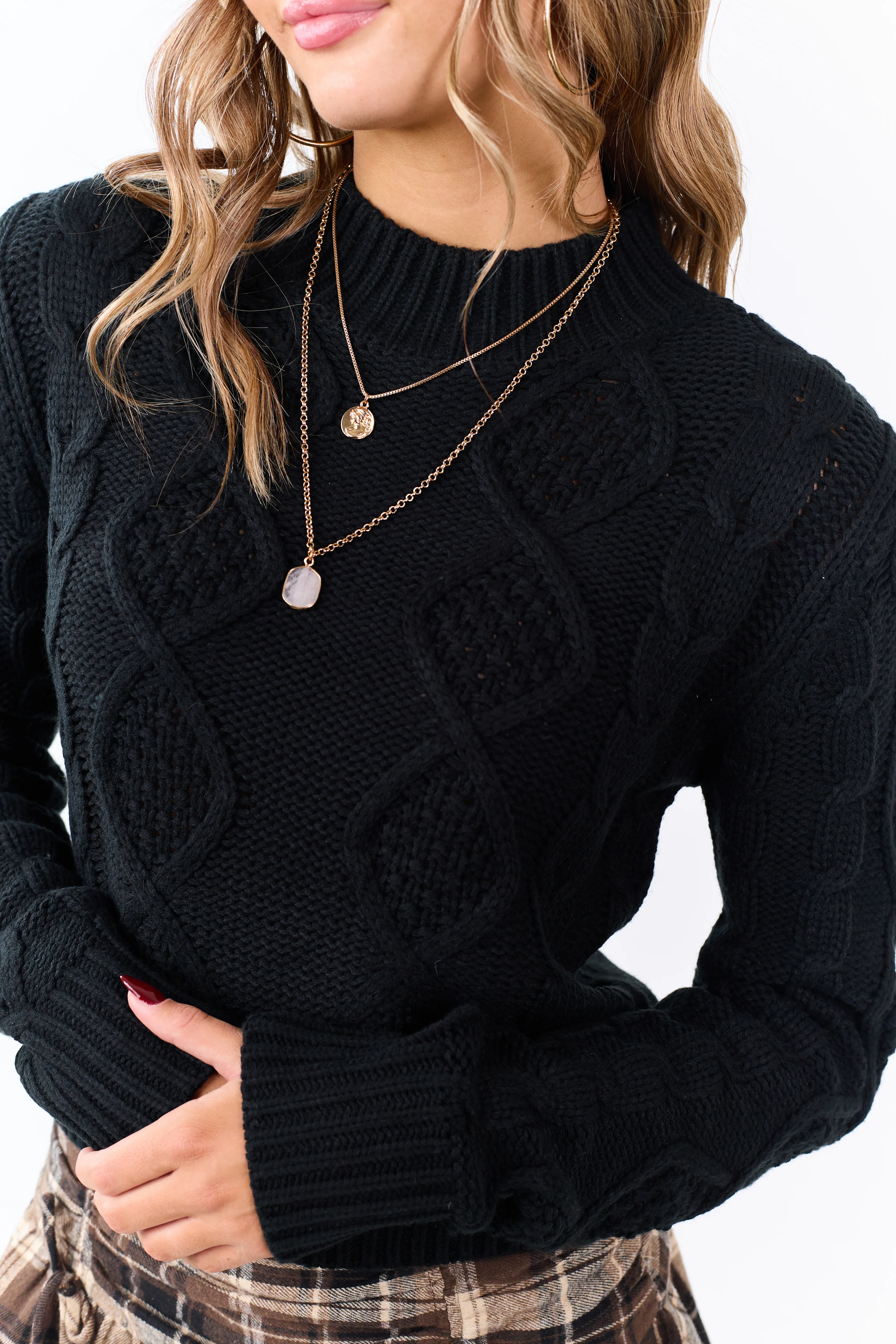 Black Cable Knit Cropped Mock Neck Sweater - Image 2