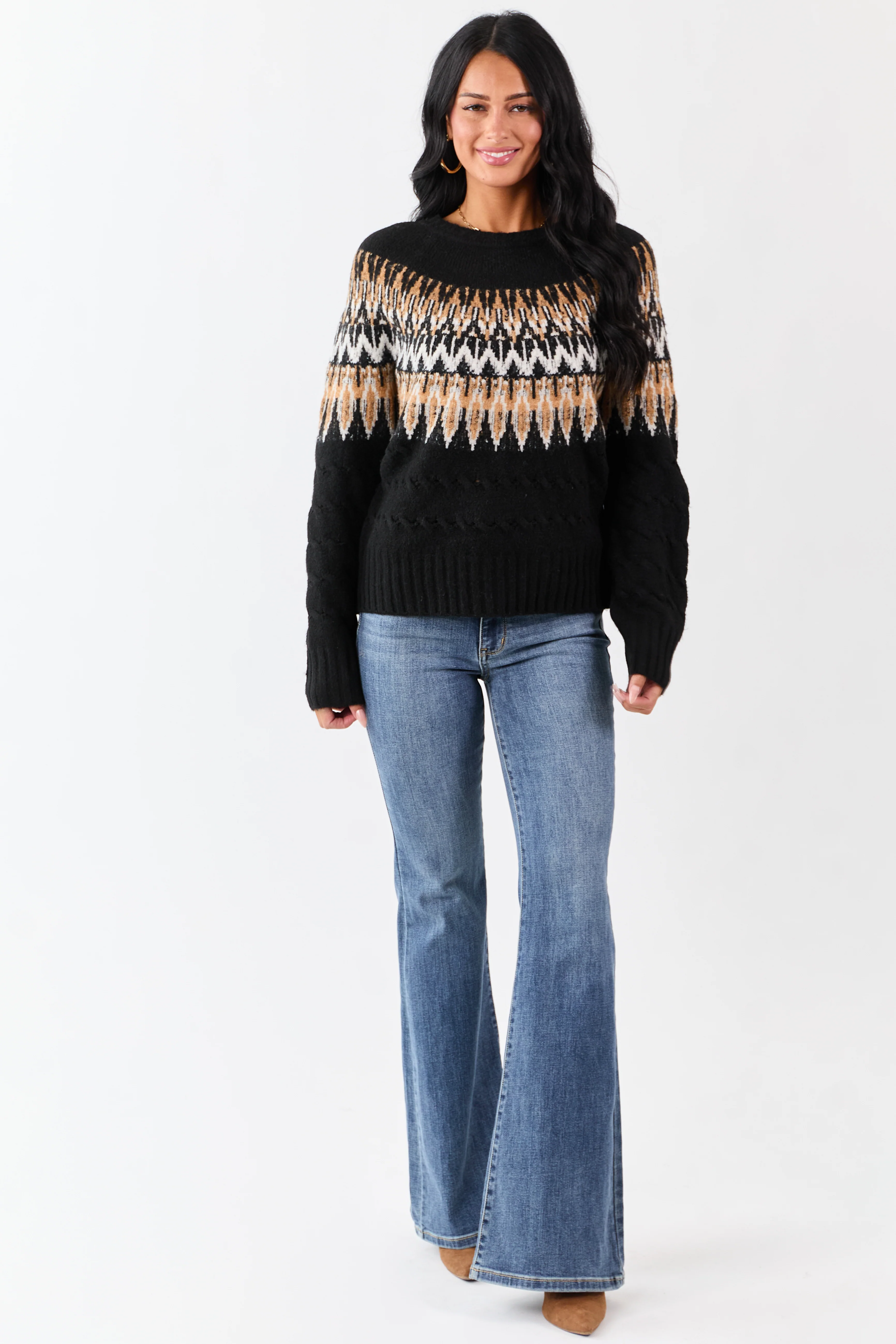 Black Cable Knit Fair Isle Pattern Relaxed Sweater - Image 2