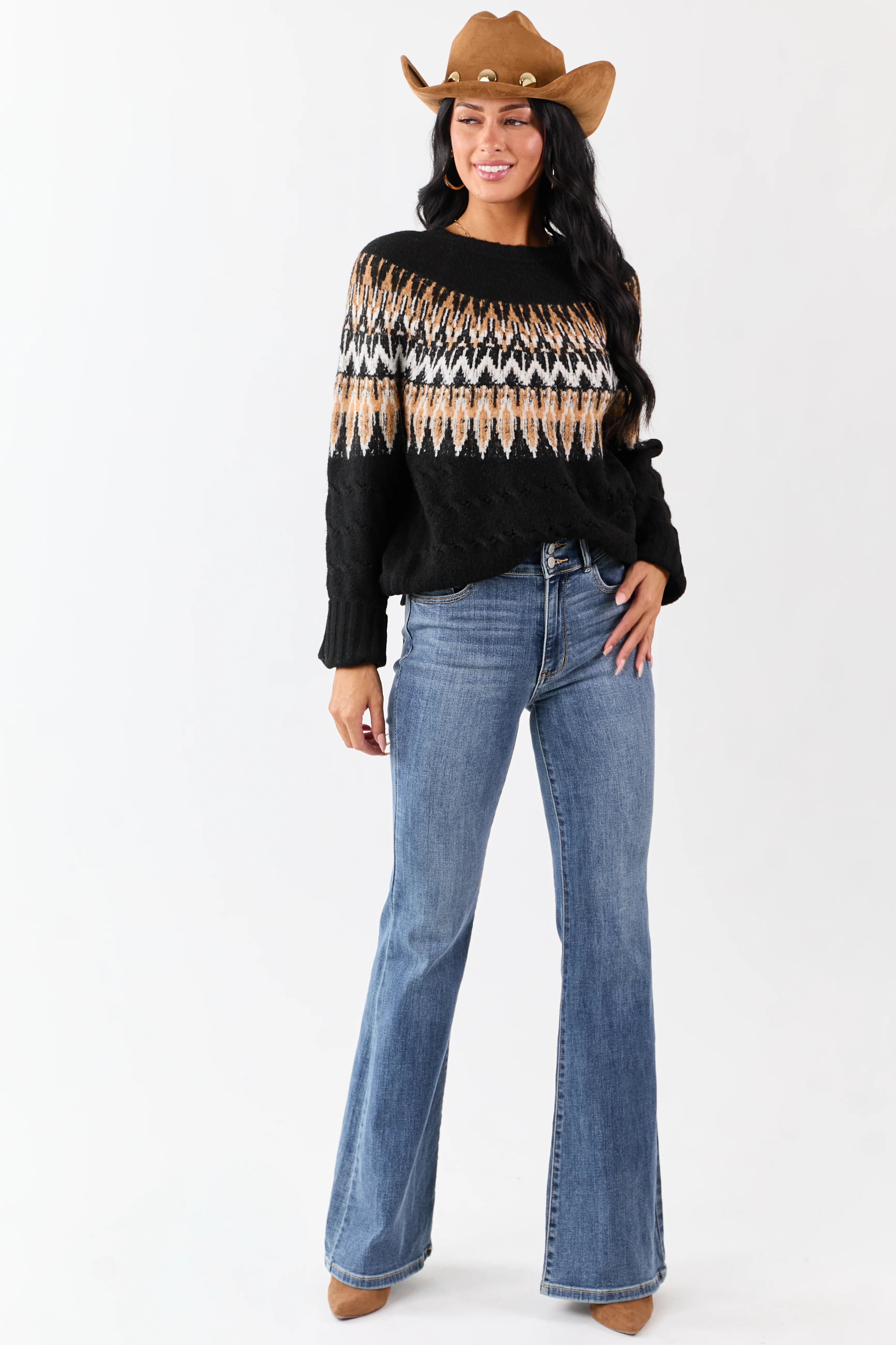 Black Cable Knit Fair Isle Pattern Relaxed Sweater - Image 3
