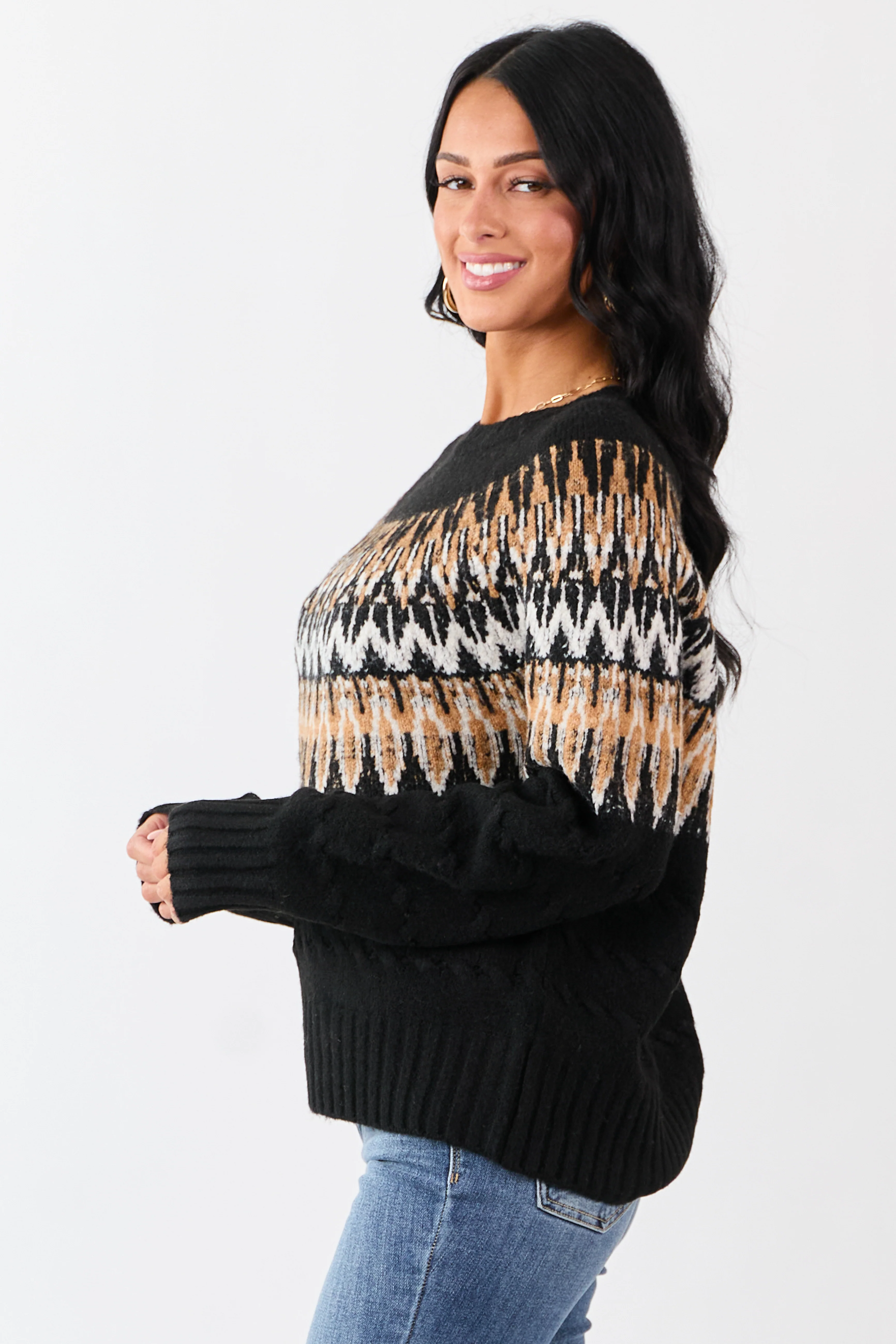 Black Cable Knit Fair Isle Pattern Relaxed Sweater - Image 4