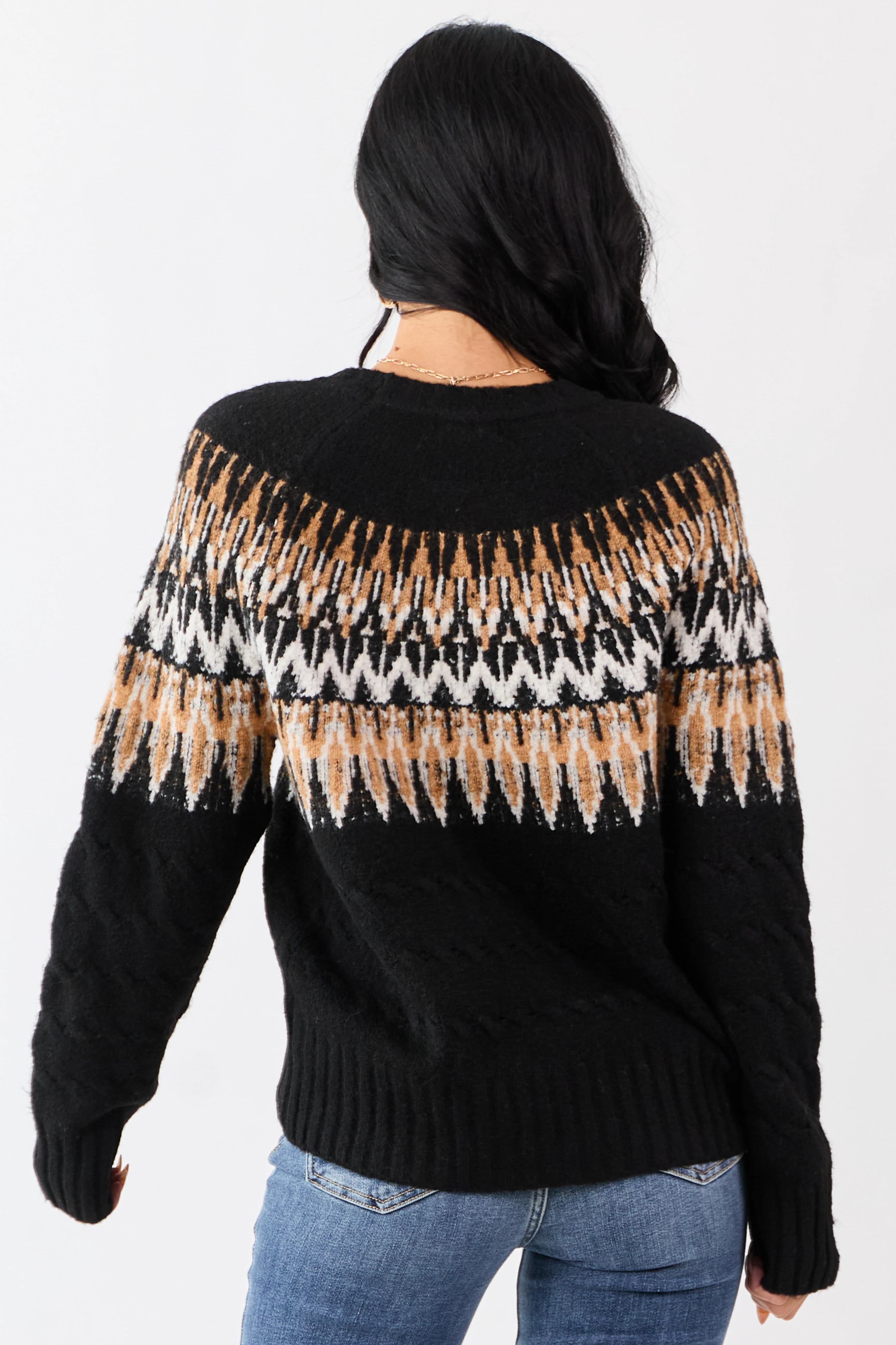 Black Cable Knit Fair Isle Pattern Relaxed Sweater - Image 5