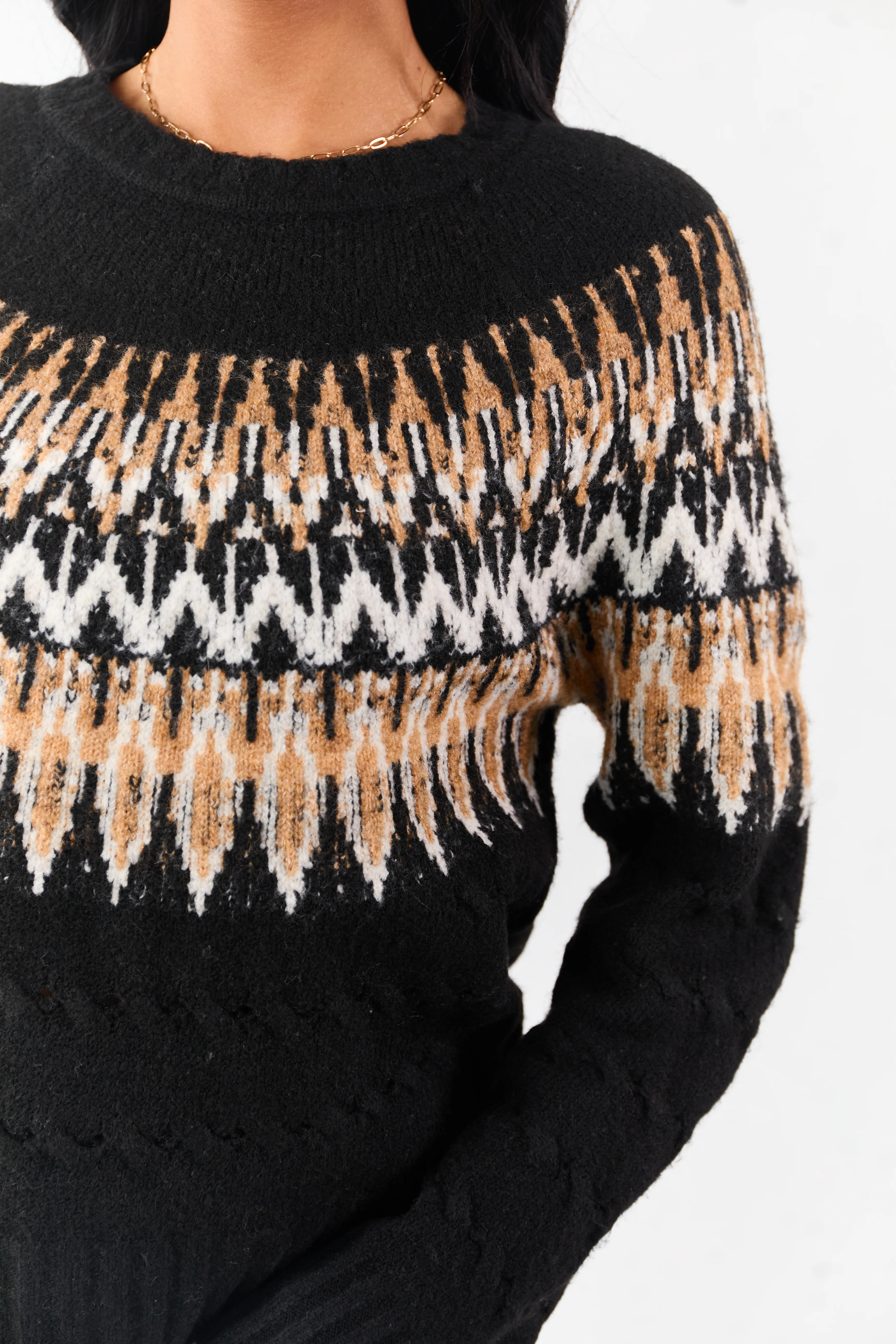 Black Cable Knit Fair Isle Pattern Relaxed Sweater - Image 6