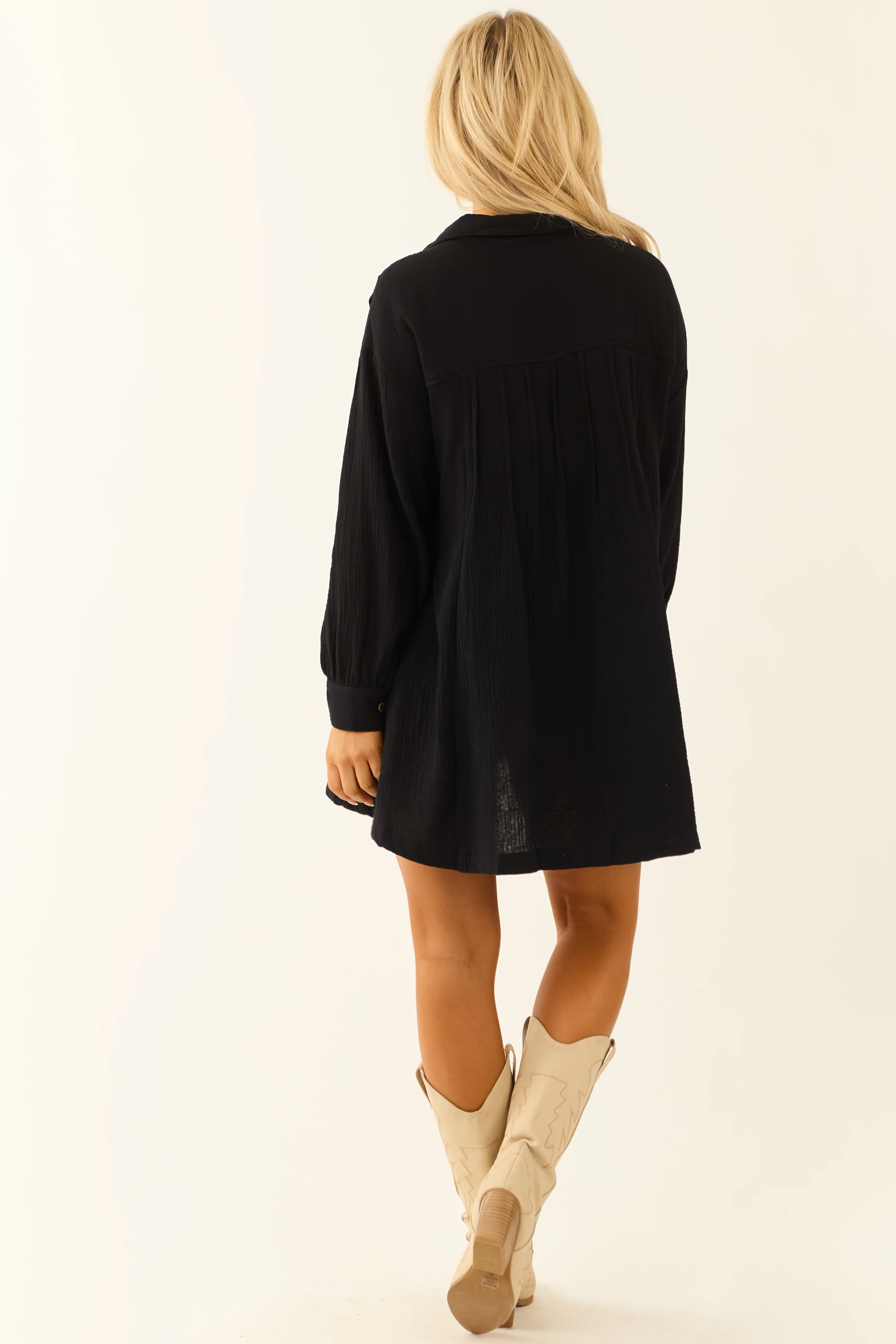 Black Chest Pocket Relaxed Gauze Short Shirt Dress - Image 7