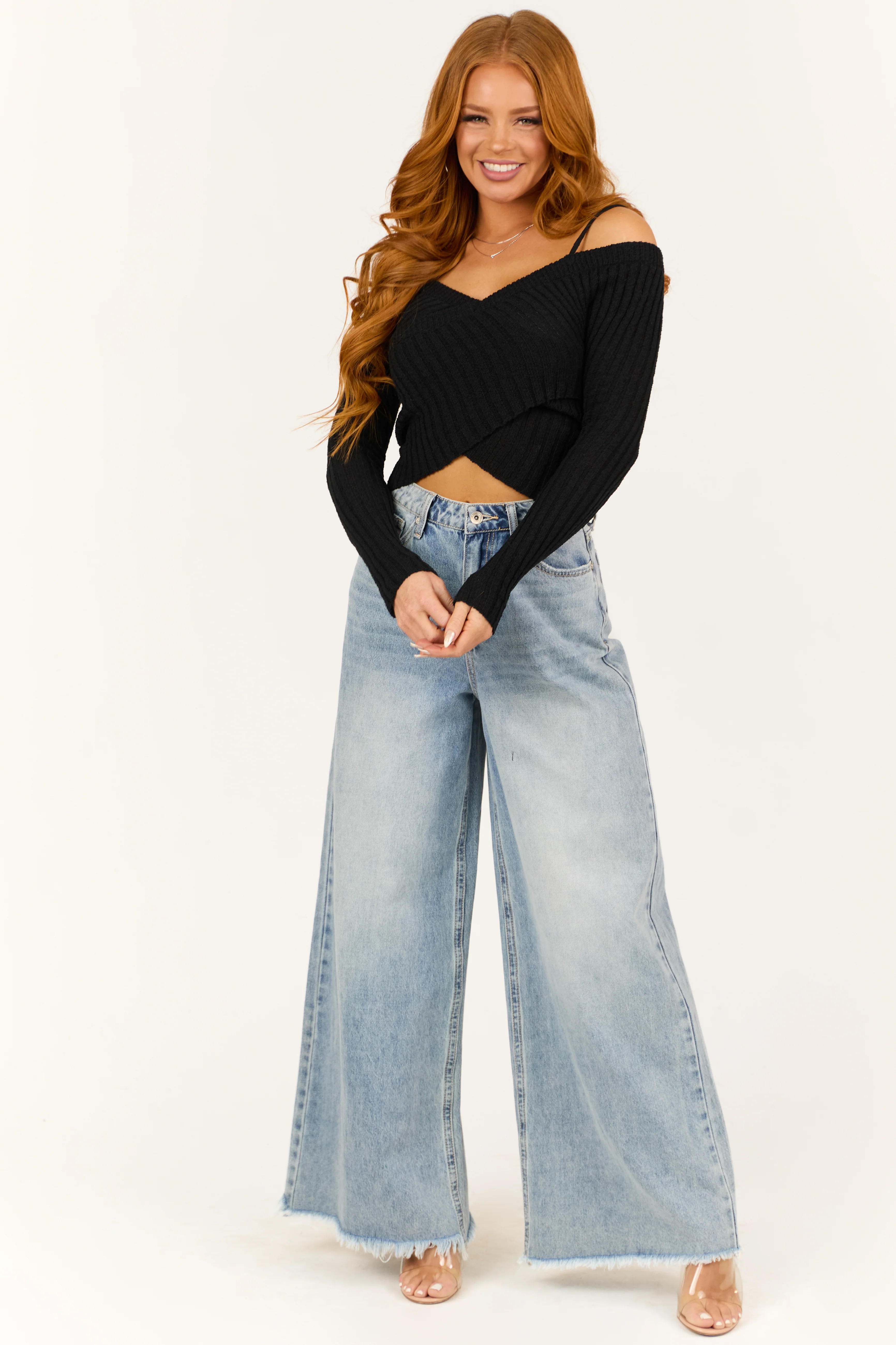 Black Cold Shoulder Crossover Sweater - Image 2