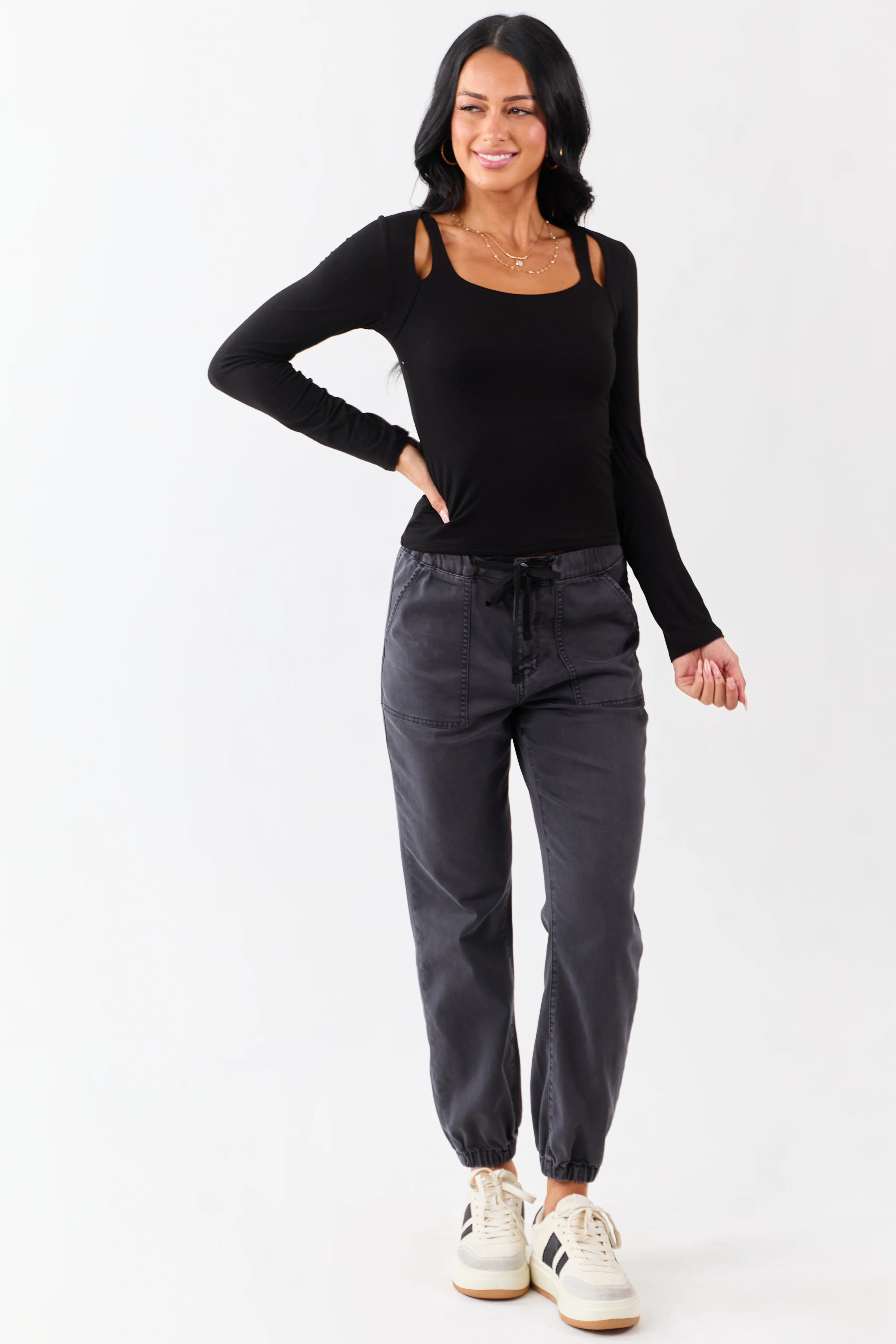 Black Cold Shoulder Long Sleeve Scoop Neck Top - Image 2