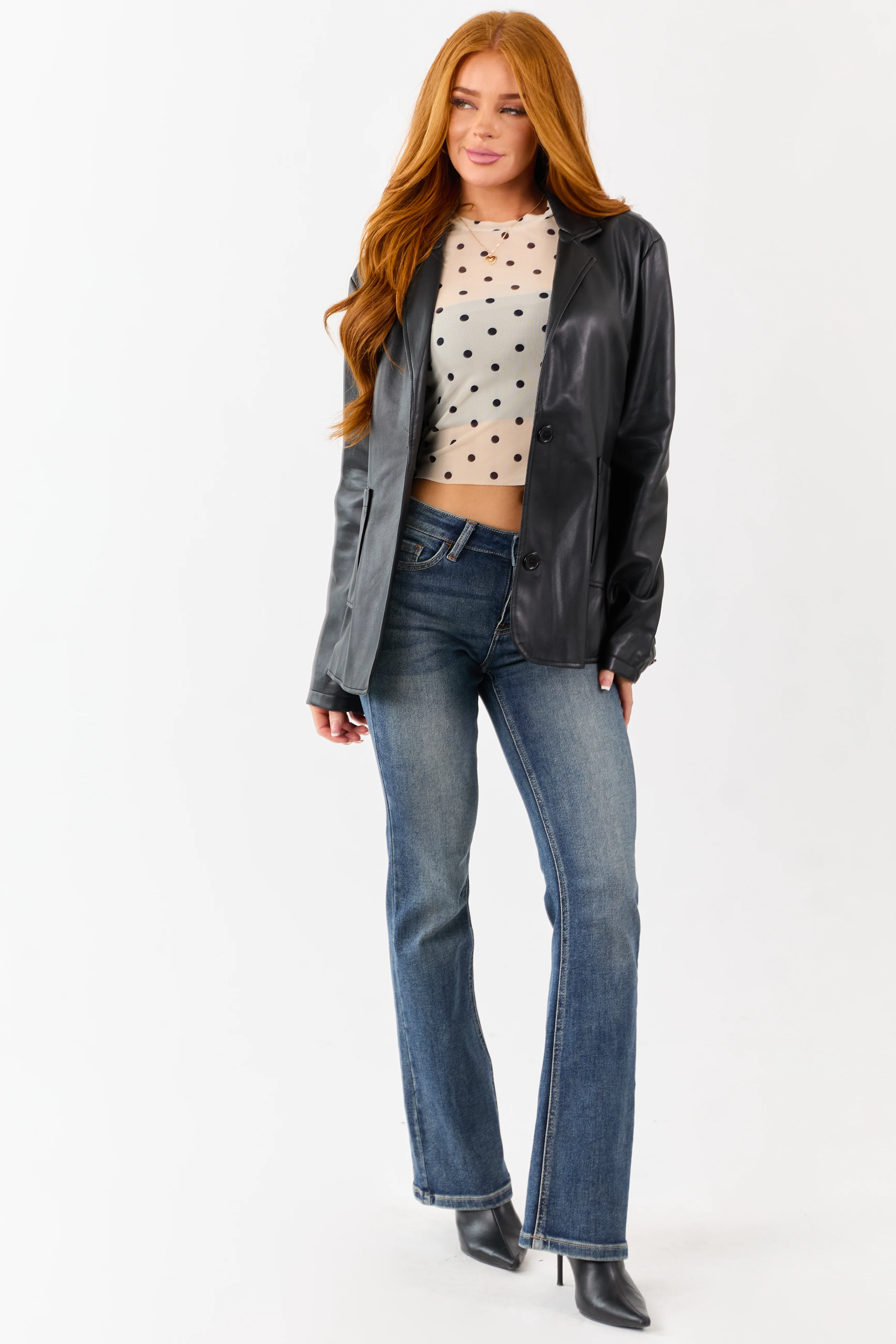 Black Collared Button Down Faux Leather Blazer - Image 2