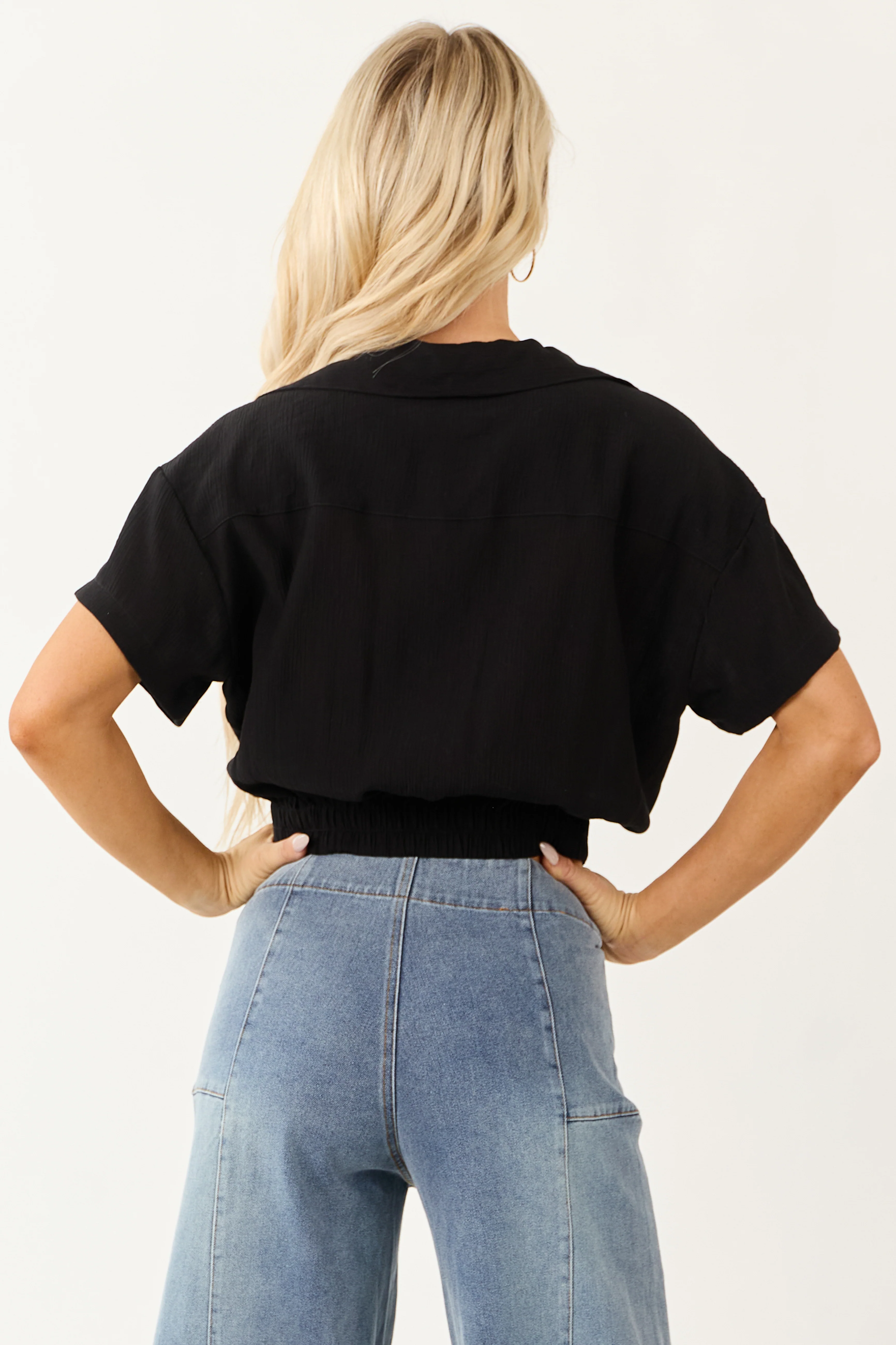 Black Collared Front Twist Short Sleeve Top - Image 7