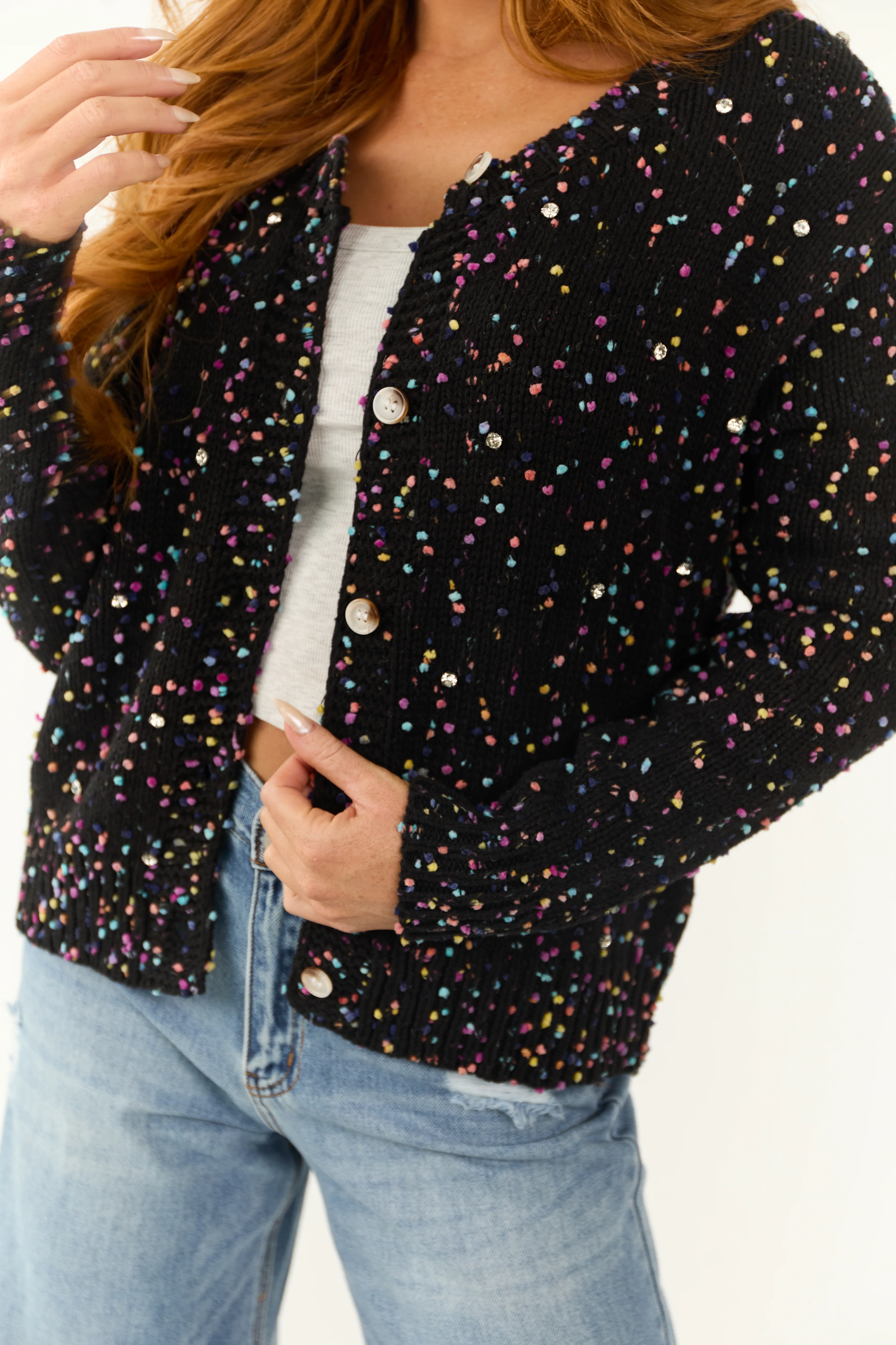Black Confetti Knit Rhinestone Detail Cardigan - Image 6