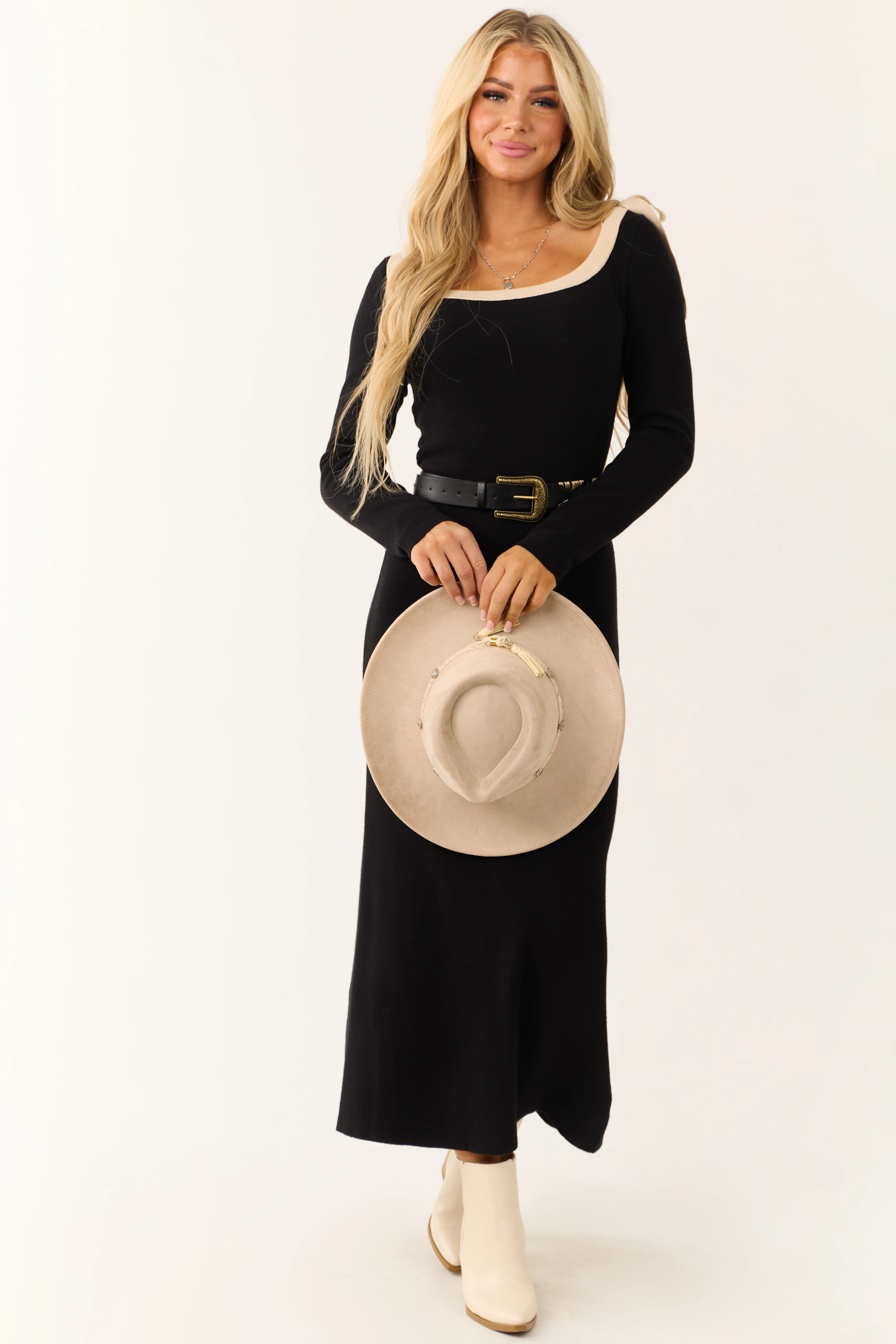 Black Contrast Neckline Bow Shoulder Maxi Dress - Image 4